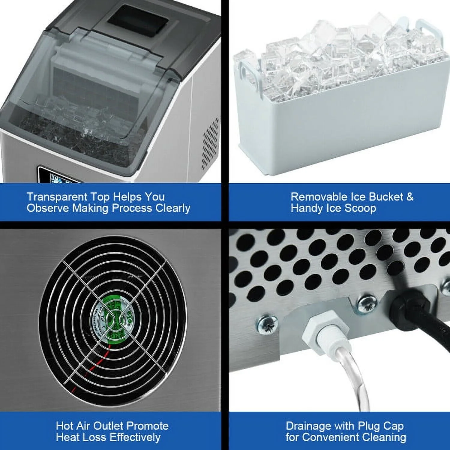 Resenkos Ice Maker Machine, Machine for Making Ice Cubes, 48 lbs Stainless Self-Clean Ice Maker with LCD Display