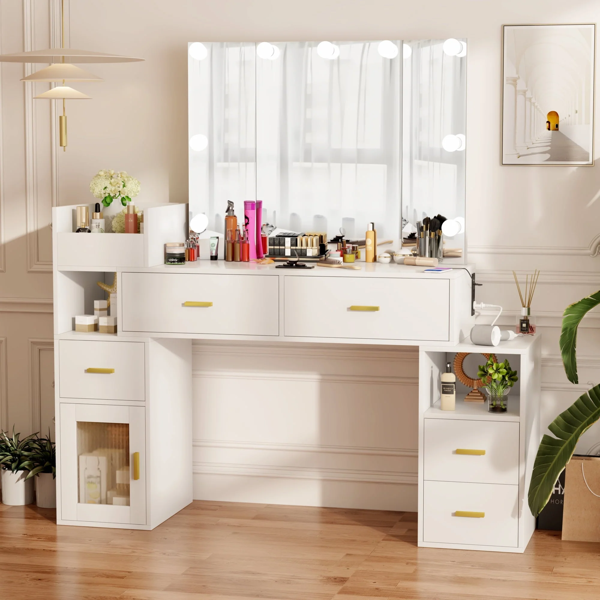 VIVISPECIAL Vanity Set with Lighted Mirror, Makeup Vanity with 3 Lighting Options and Charging Station, Large Vanity Desk with Storage Shelves, 5 Drawers, Glass Cabinet