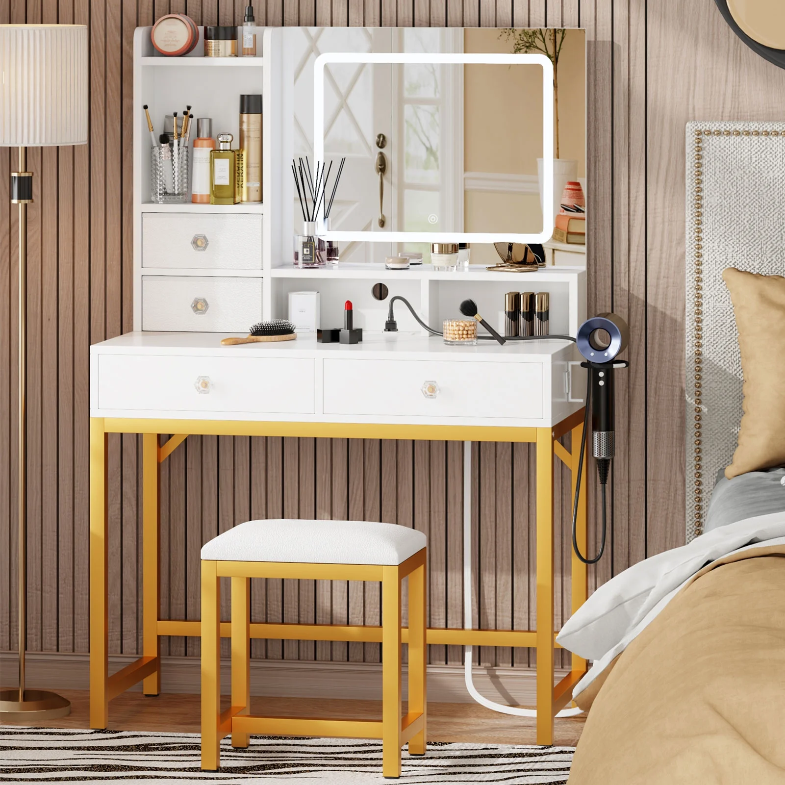 Satifur White Vanity Desk Set with Mirror and Lights, Makeup Table with Charging Station, Comfortable Bench, Big Vanity with 3 Storage Compartments, 39.4in