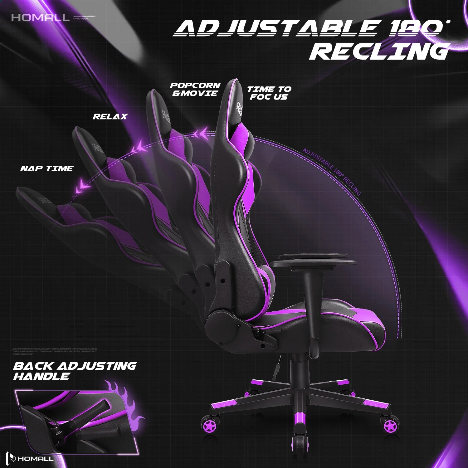 Homall Gaming Chair Office Chair High Back Computer Chair Leather Desk Chair Racing Executive Ergonomic Adjustable Swivel Task Chair with Headrest and Lumbar Support, Purple