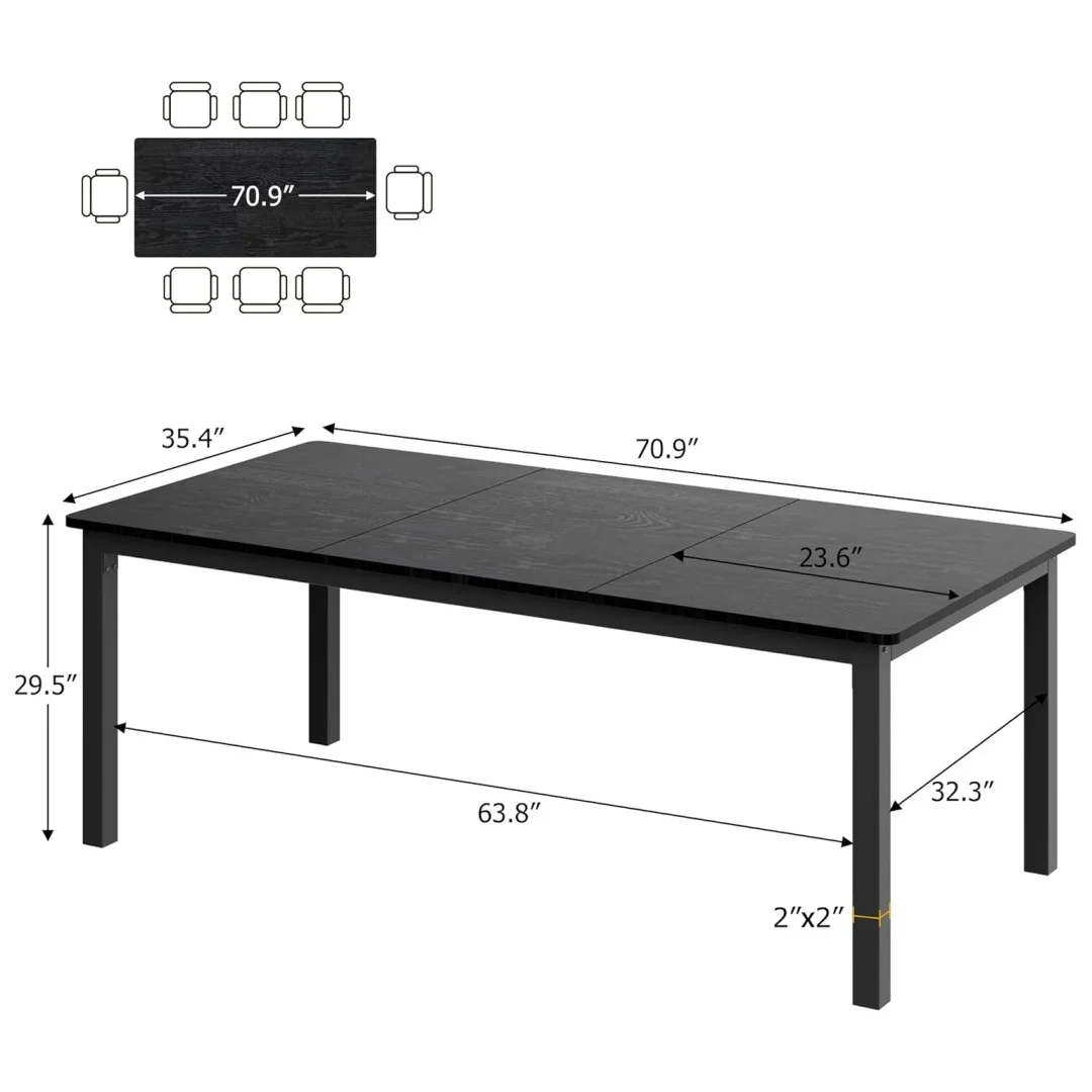 71 Inch Industrial Dining Table, Large Rectangle Kitchen Table with Metal Legs, Round Corners, Wooden Conference Tables Writing Desk for Dining Room, Living Room