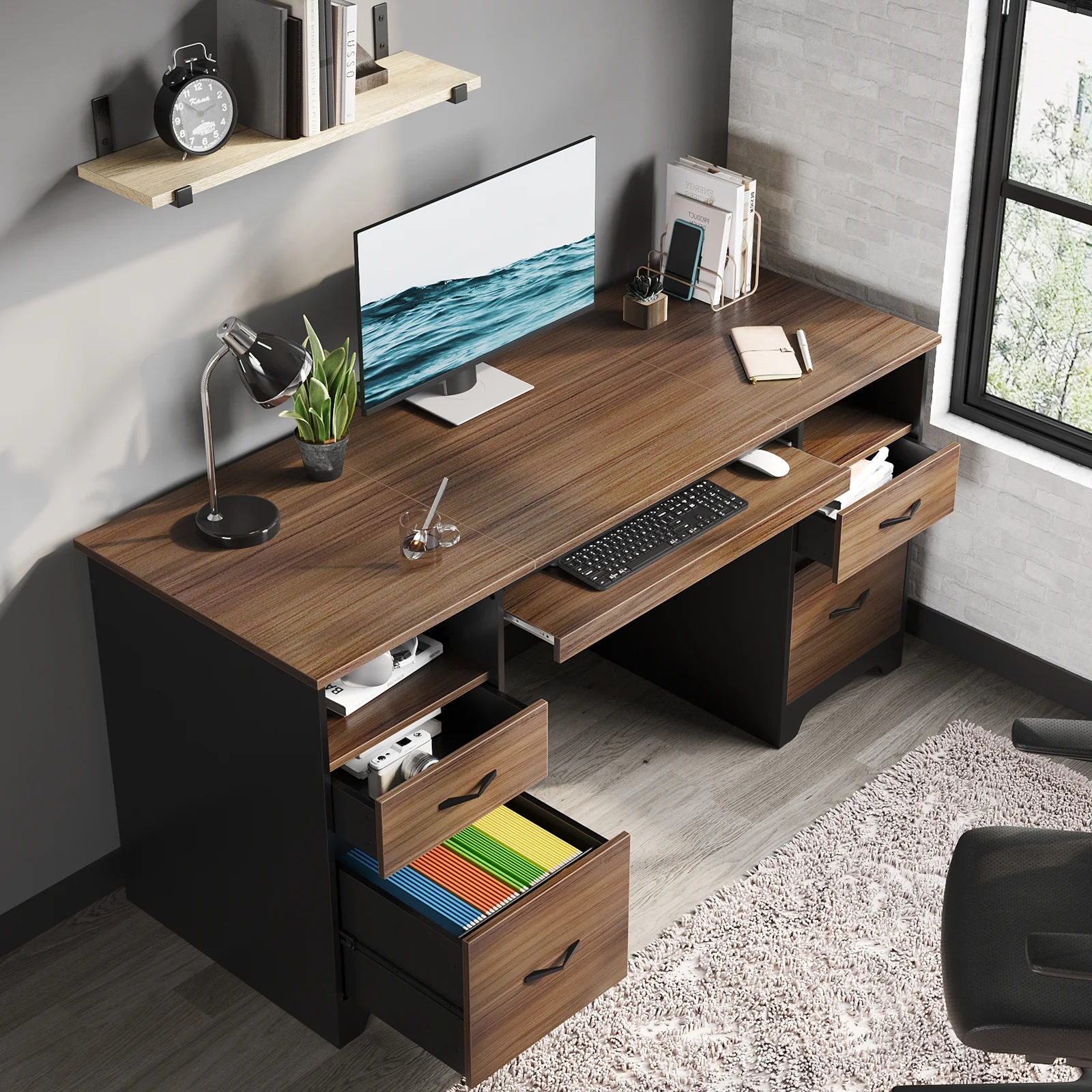 Bestier 59�� Computer Desk with 4 Drawers, Office Executive Desk with File Drawer, Keyboard Tray for Home Office, Gray