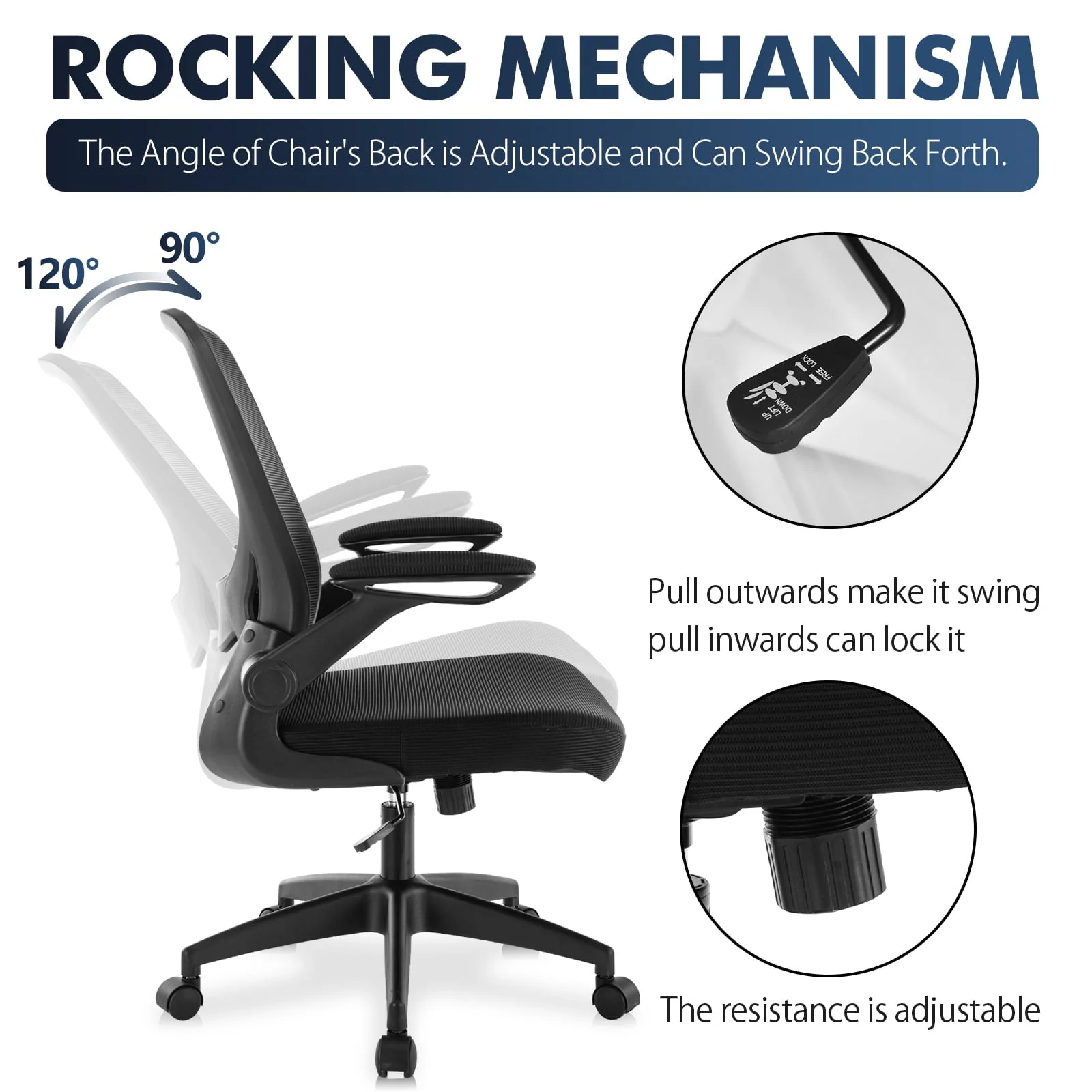 Coolhut Ergonomic Office Chair, Comfort Desk Chair with Adjustable Lumbar Support and Flip up Arms, 300lb, Black