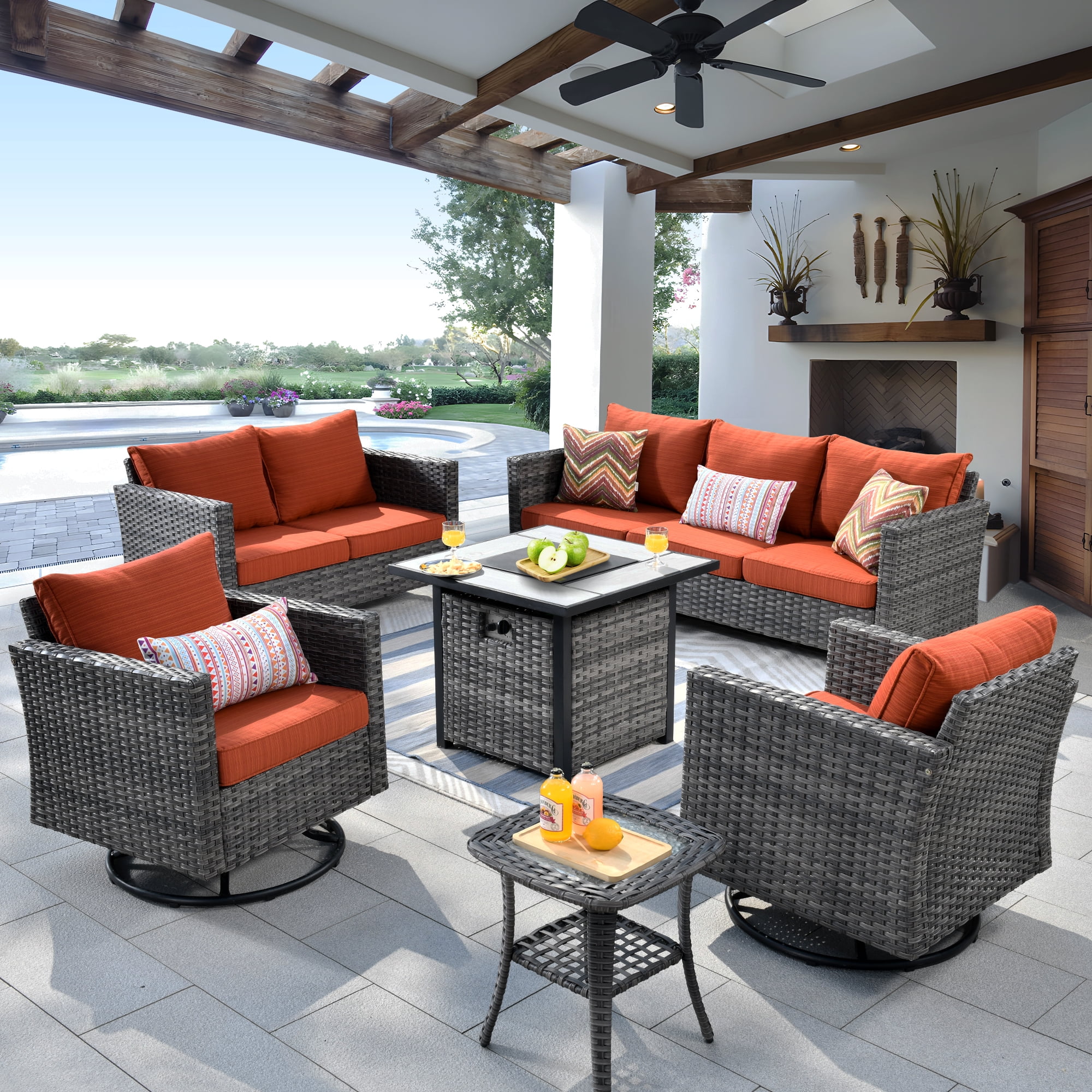 Ovios 6 Pieces Outdoor Patio Furniture Set with Gas Propane Fire Pit Table Wicker Outdoor Conversation Set with Swivel Rocking Chair for Backyard, Cushion Beige