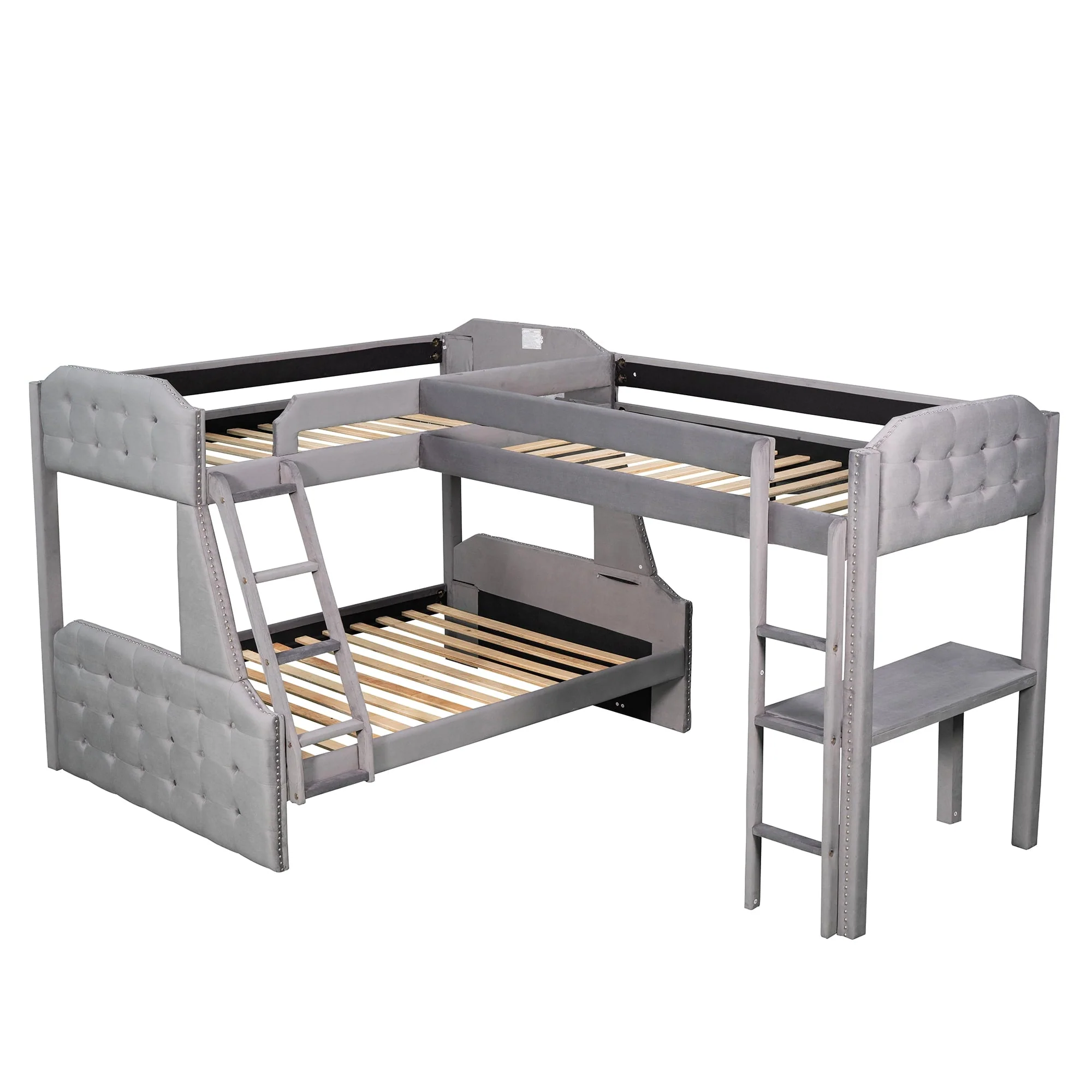 EUROCO Upholstery L-Shaped Twin over Full Bunk Bed and Twin Loft Bed with Desk for Kids Bedroom, Gray