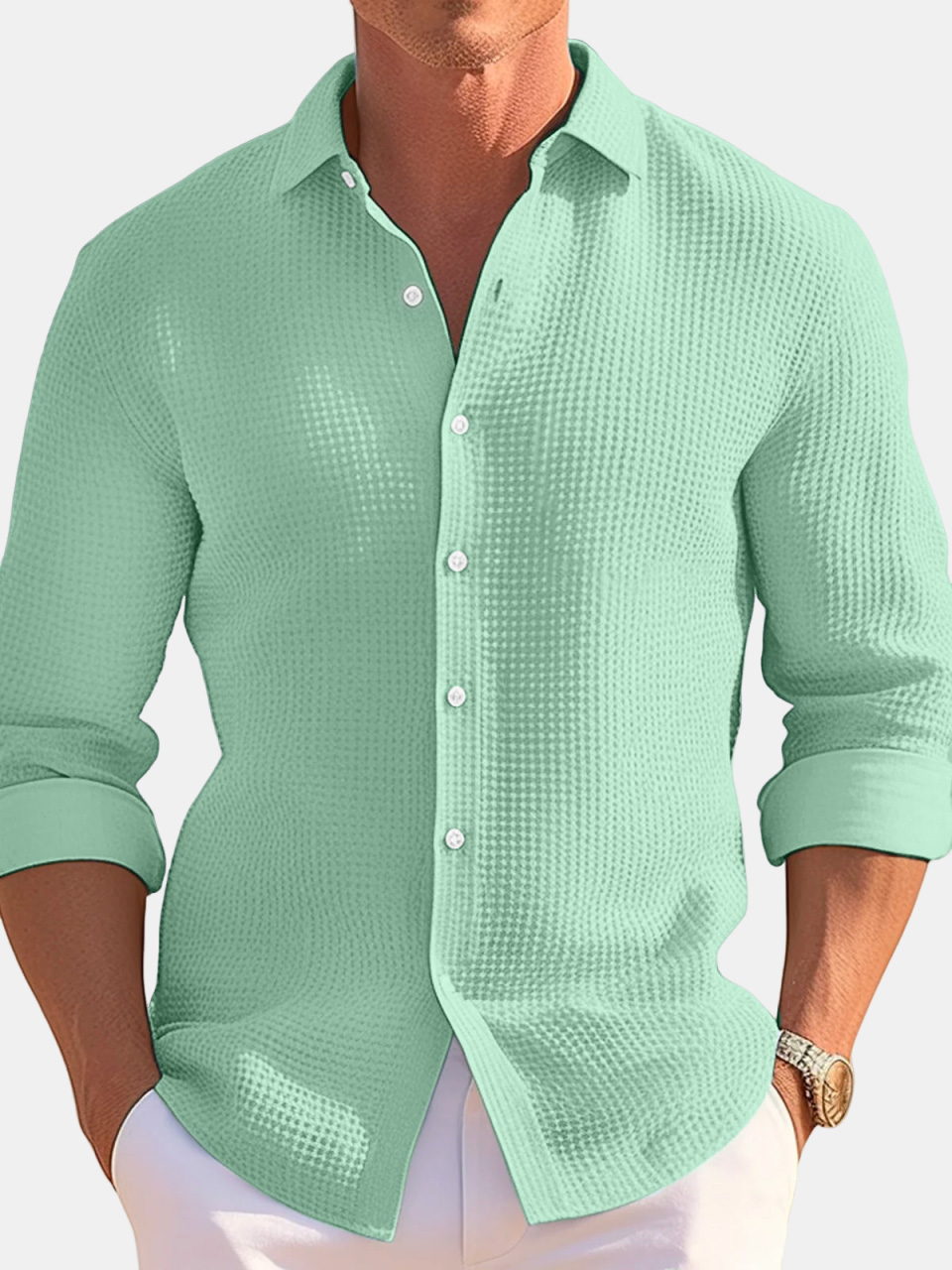 Men's Casual Loose Solid Color Waffle Long Sleeve Shirt