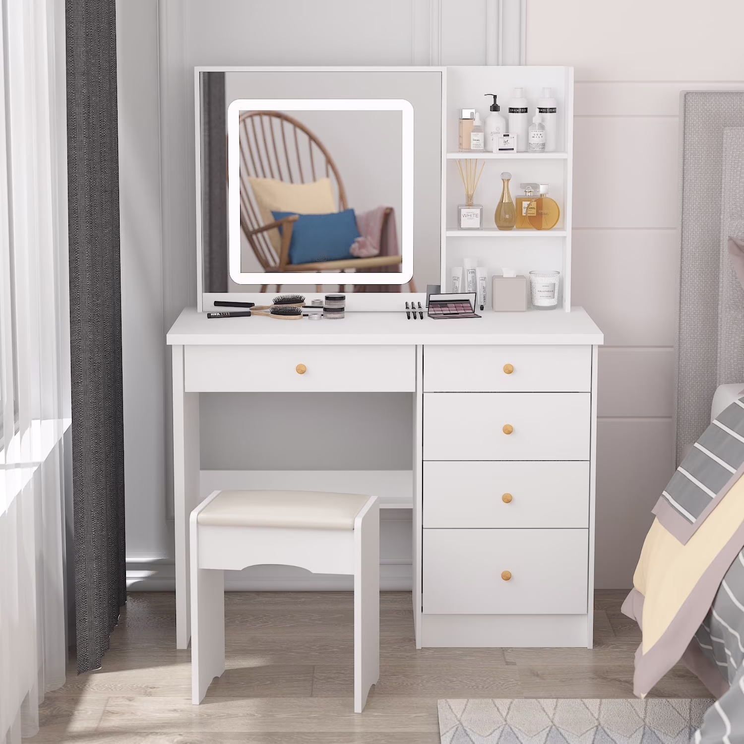 MONSLIPA Makeup Vanity Desk Set w/ Light, Sturdy Dressing Vanity Table with Bench, Shelves & Drawers
