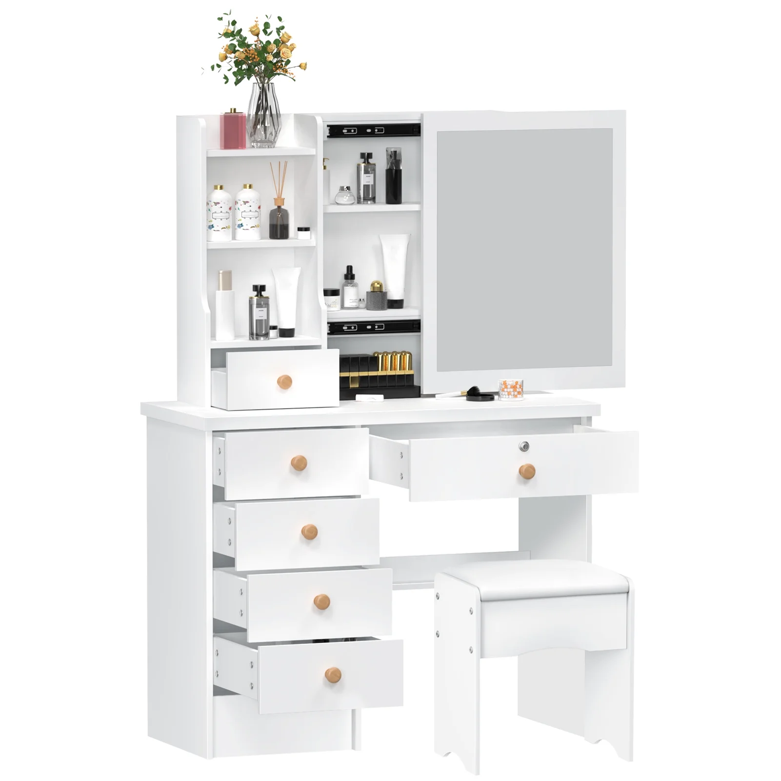 Fogcroll Vanity Desk with Mirror, Makeup Vanity with 6 Drawers and 3 Open Shelves Modern Vanity Set Dressing Table for Bedroom 31.5