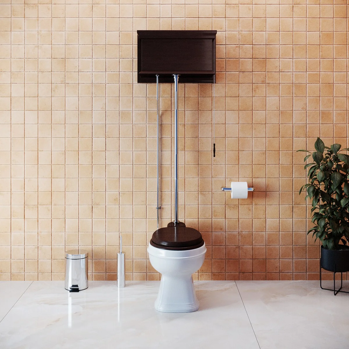 High Tank Pull Chain Toilet Wooden Tank Elongated White Bowl 1.6 GPF 59