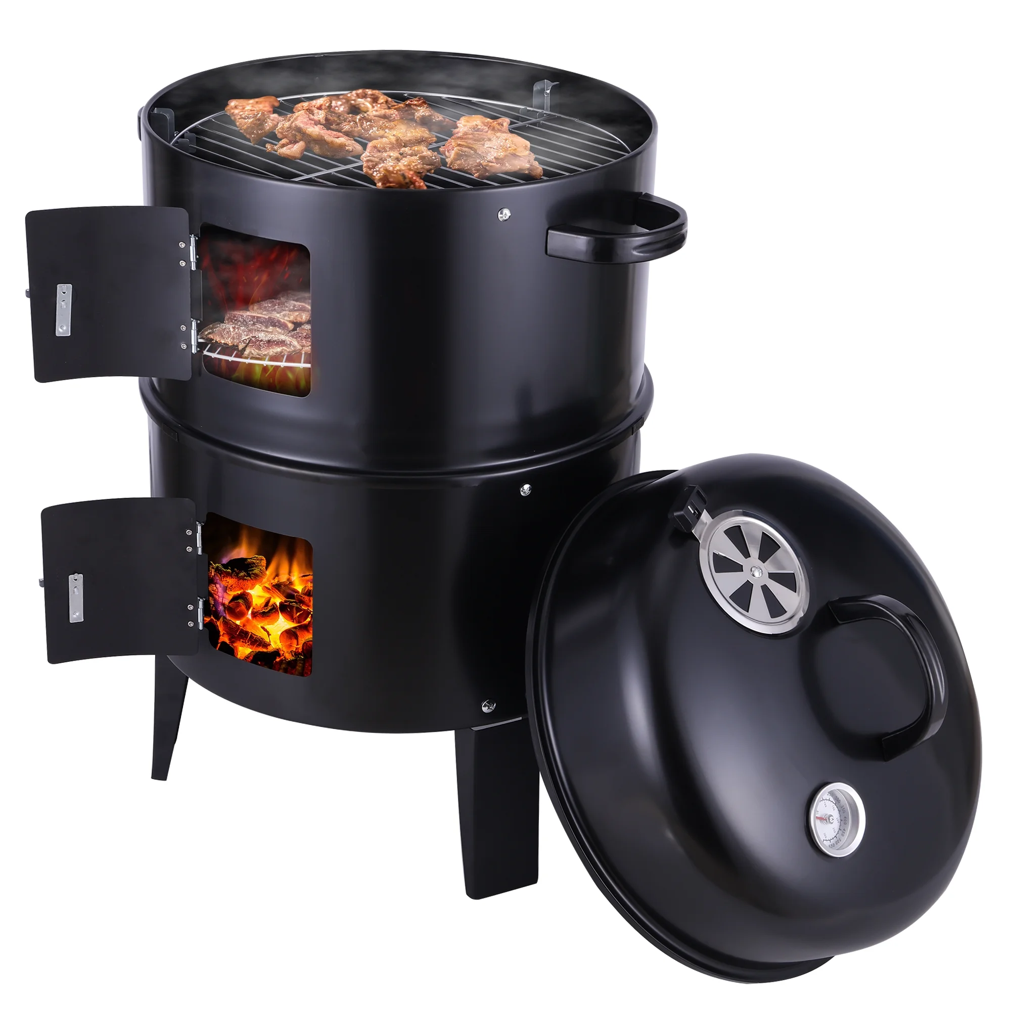LELINTA 3 IN 1 Charcoal Vertical BBQ Heavy Duty Tabletop BBQ Grill, Indoor Outdoor Portable Steak Chicken Meat Cooker, Camping Picnic Party Barbecue Smoker Grill with Telescoping Sticks Skewers