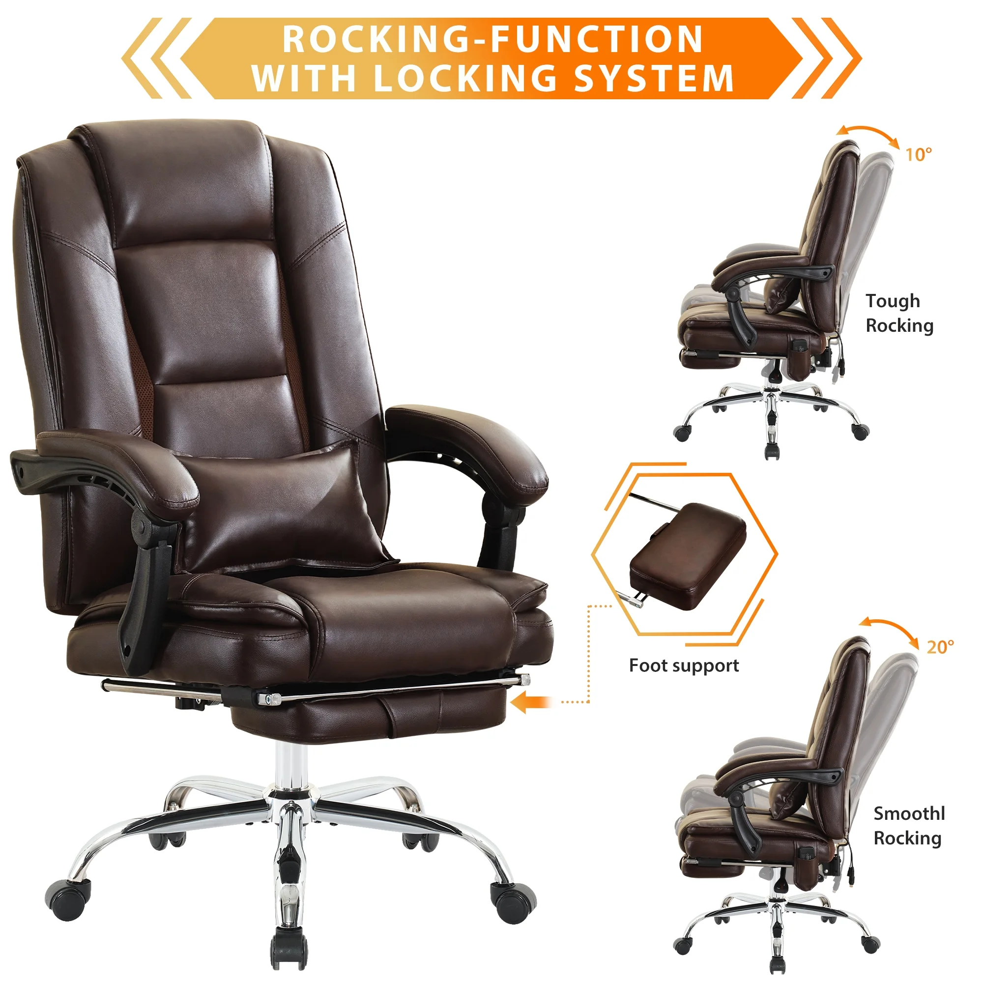 JONPONY Big and Tall Office Chair 500LBS Executive Office Chair Massage and Footrest Ergonomic Computer Desk Chair Reclining High Back Leather Office Chair Lumbar Back Support Swivel Rolling,Black