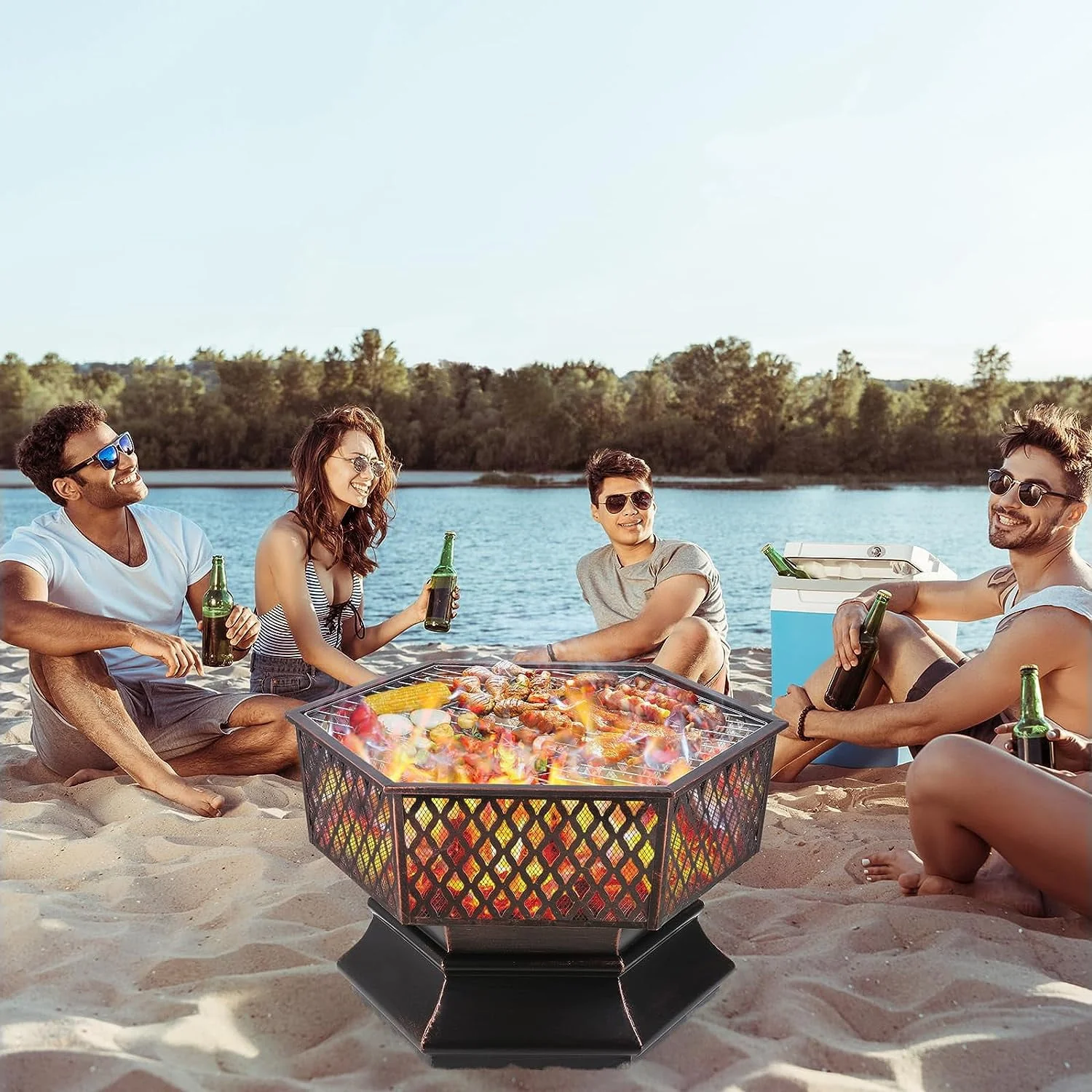 Arlopu 30'' Hex Shaped Steel Fire Pit for Outside, Wood Burning Fireplace Fire Bowl with Spark Screen & Fire Poker for Patio, Backyard, Camping