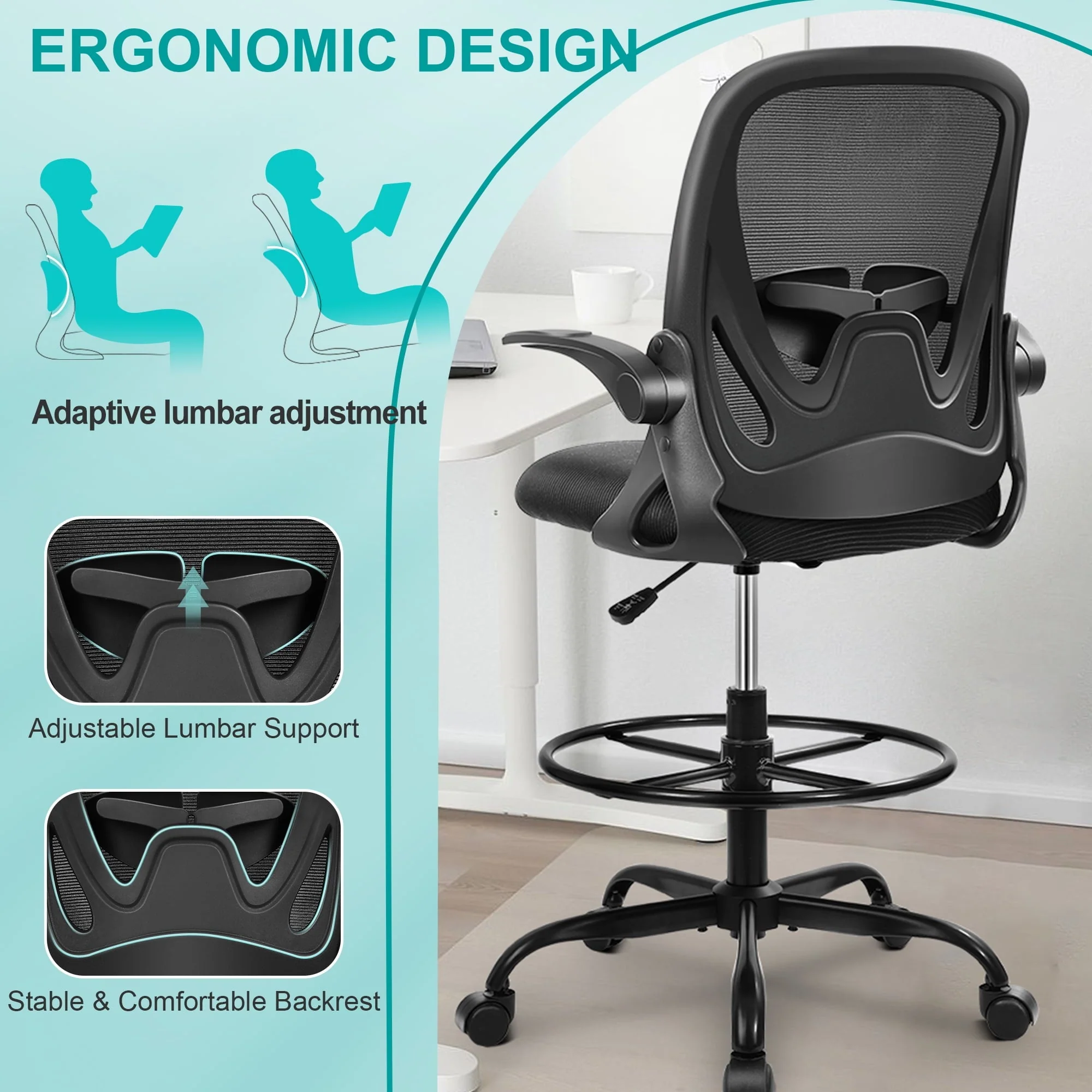 Coolhut Drafting Chair Tall Office Chair with Flip-up Armrests Executive Ergonomic Computer Standing Desk Chair with Lumbar Support and Adjustable Footrest Ring (Black)