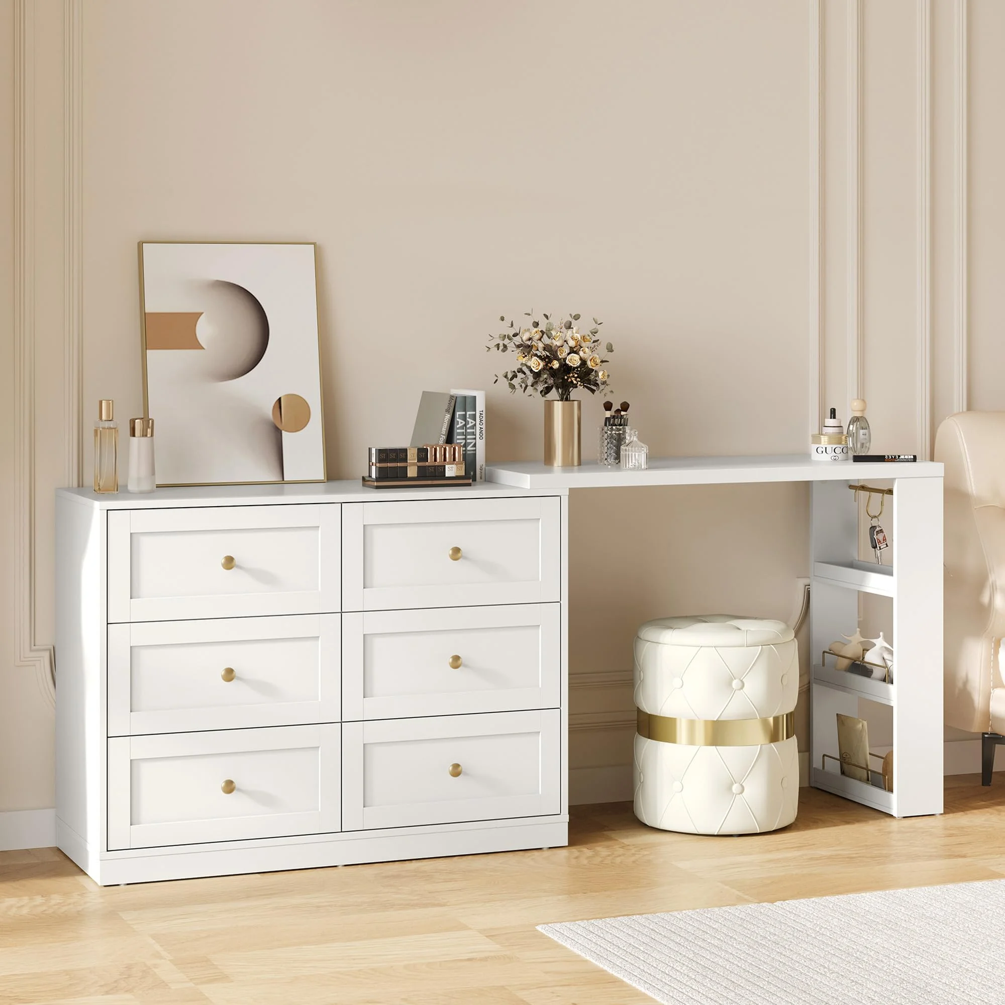 Heynemo Makeup Vanity with 3 Color Dimmable Lighted Hollywood Mirror, Vanity Table with 4 Drawers for Women Girls, Dressing Desk for Bedroom, Beauty Room, Brown