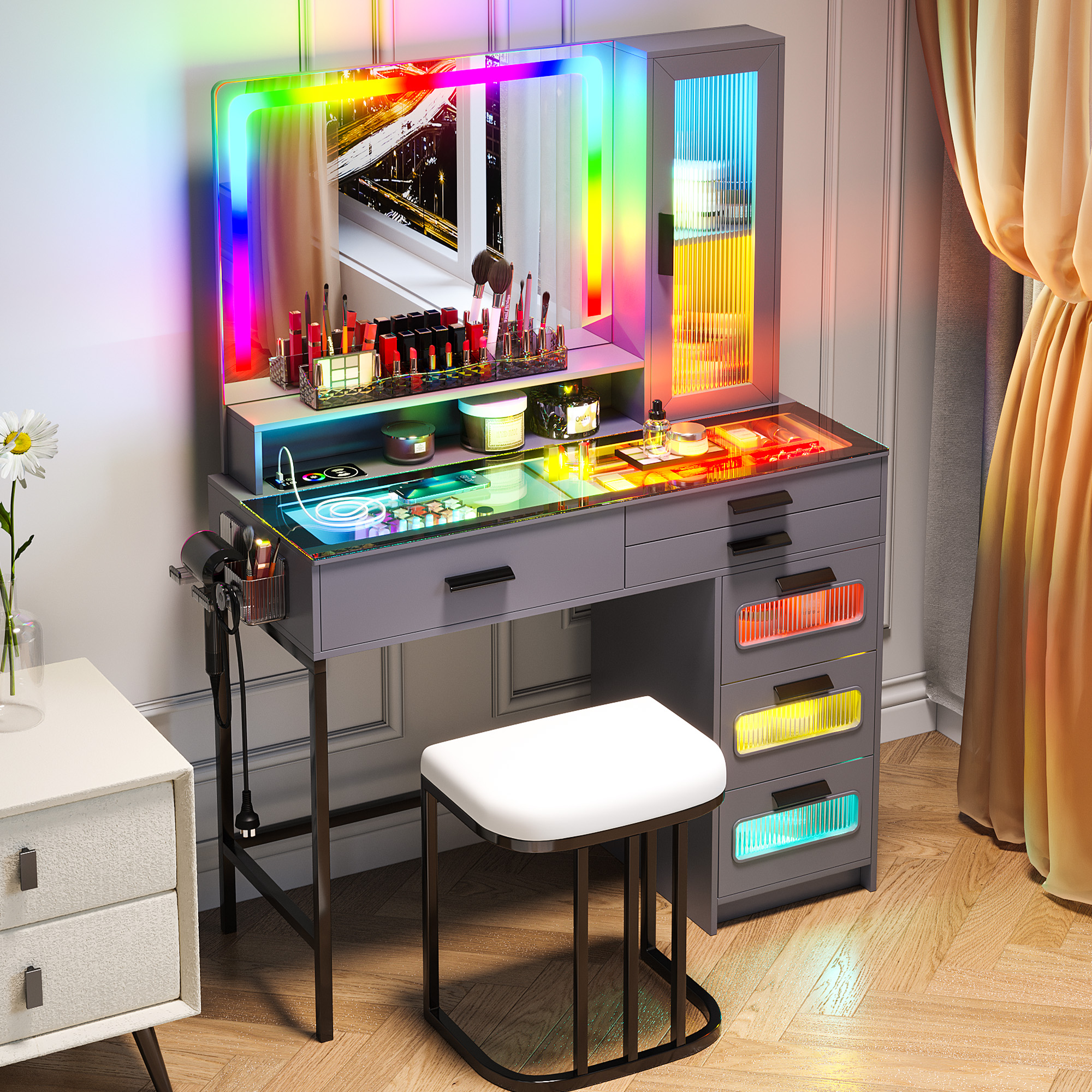 HNEBC Vanity Desk with Mirror and RGB Lights, Glass Top Makeup Vanity with Auto Sensor Lights and Wireless Charging, Vanity Table Set with Cushion Stool, Dressing Table with 6 Drawers (White)