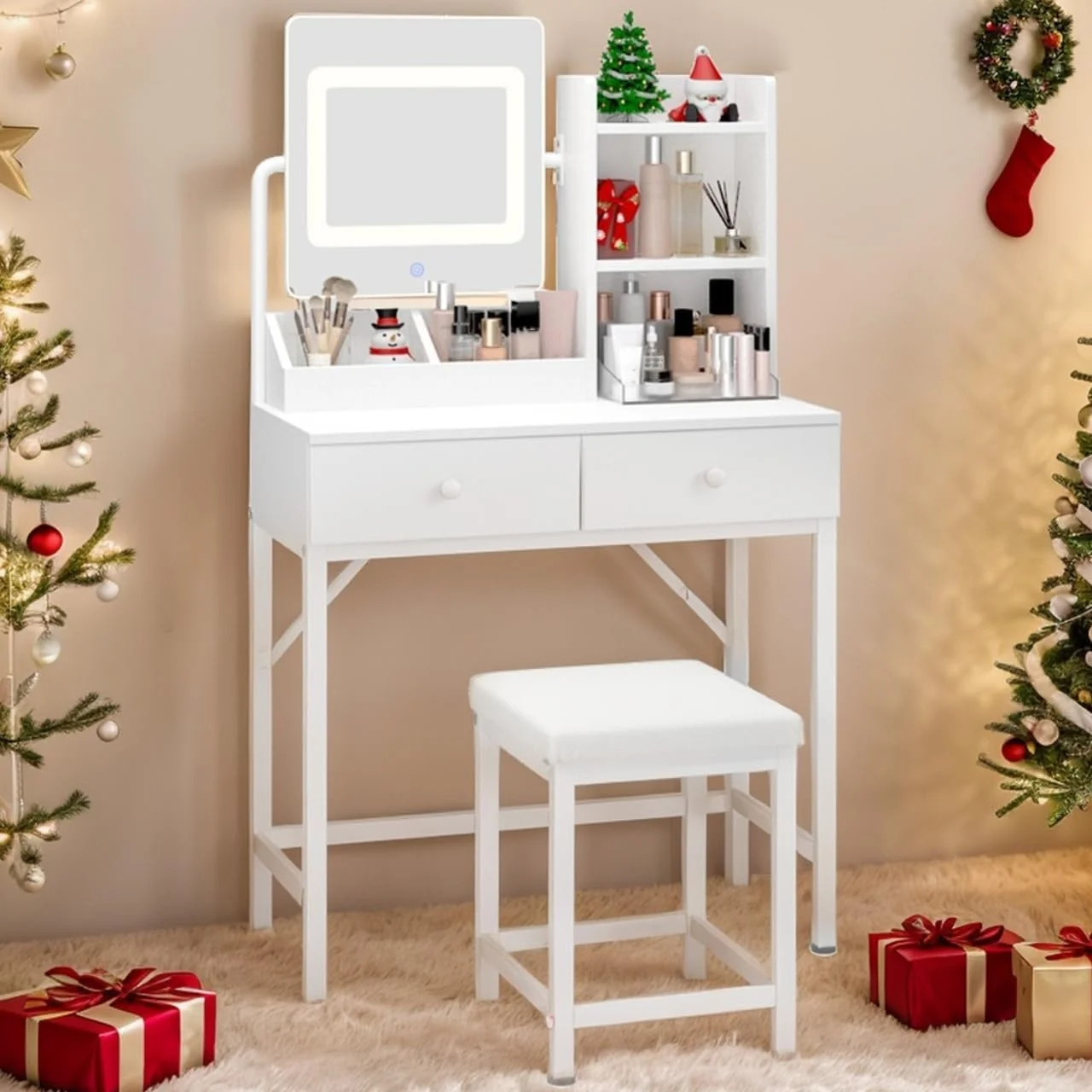 Makeup Vanity Desk with Mirror and Lights, 43.5�� Vanity Table with 5 Drawers & Storage Shelves, White
