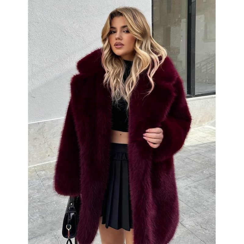 Women Faux Fur Coat Lapel Warm Open Front Winter Outerwear