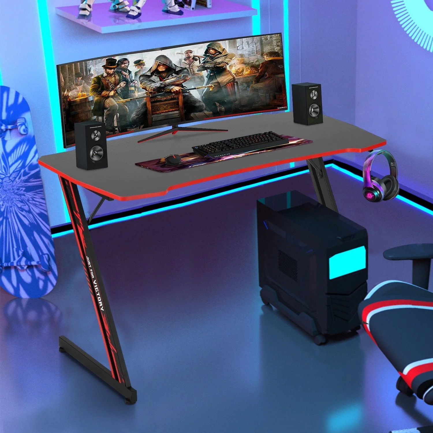 47 inch Z-Shaped Gaming Desk Computer Desk, Ergonomic Writing Office Desk Racing Style PC Gaming Table Workstation with Headphone Hook for Game Players, Red