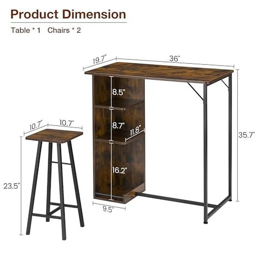 Dining Table Set, Bar Table and Chairs Set, 3-Piece Bar Table Set with Storage Drawer & Shelf, Steel Frame, Industrial, Rustic Brown, Space Saving Table for Small Apartment