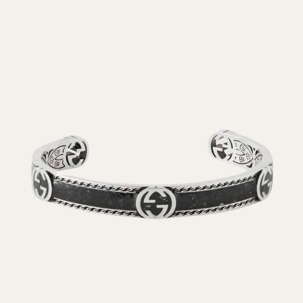 Gucci Cuff Bracelet Interlocking Gg Sterling Silver Black Enamel