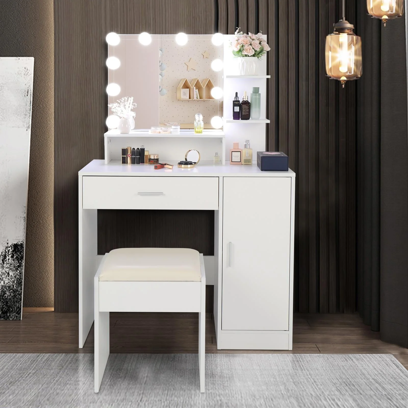 Ktaxon Vanity Set with 3 Color Lighted Mirror, Makeup Table with 3 Storage Shelves & Drawers, Dressing Table Makeup Desk with Stool,White