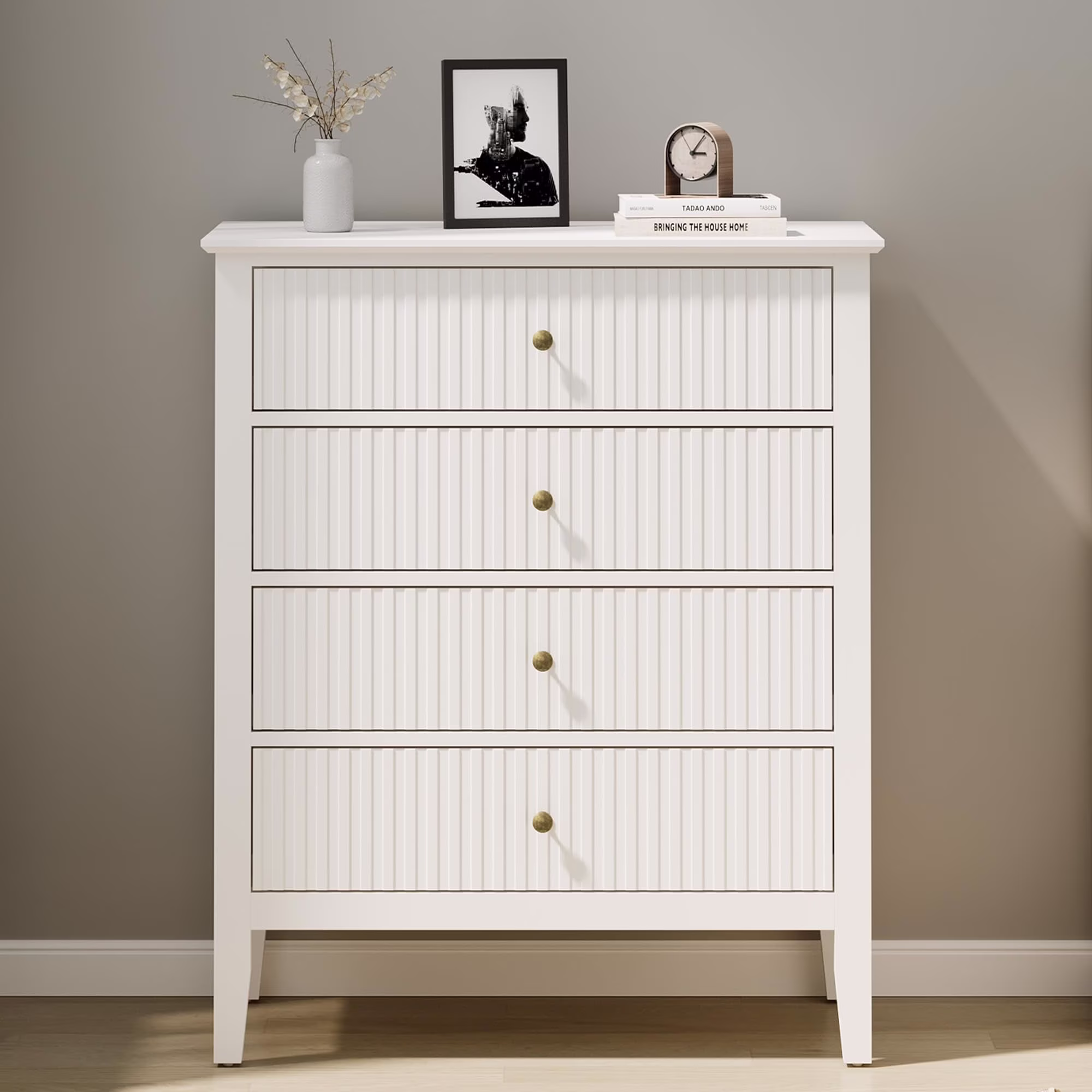 May Color Large White 3 Drawer Dresser Set of 2 with Fluted Panel, Modern Chest of Drawers with Silent Slide Drawers, Wood Accent Nightstand with Storage for Bedroom Living Room, Hallway