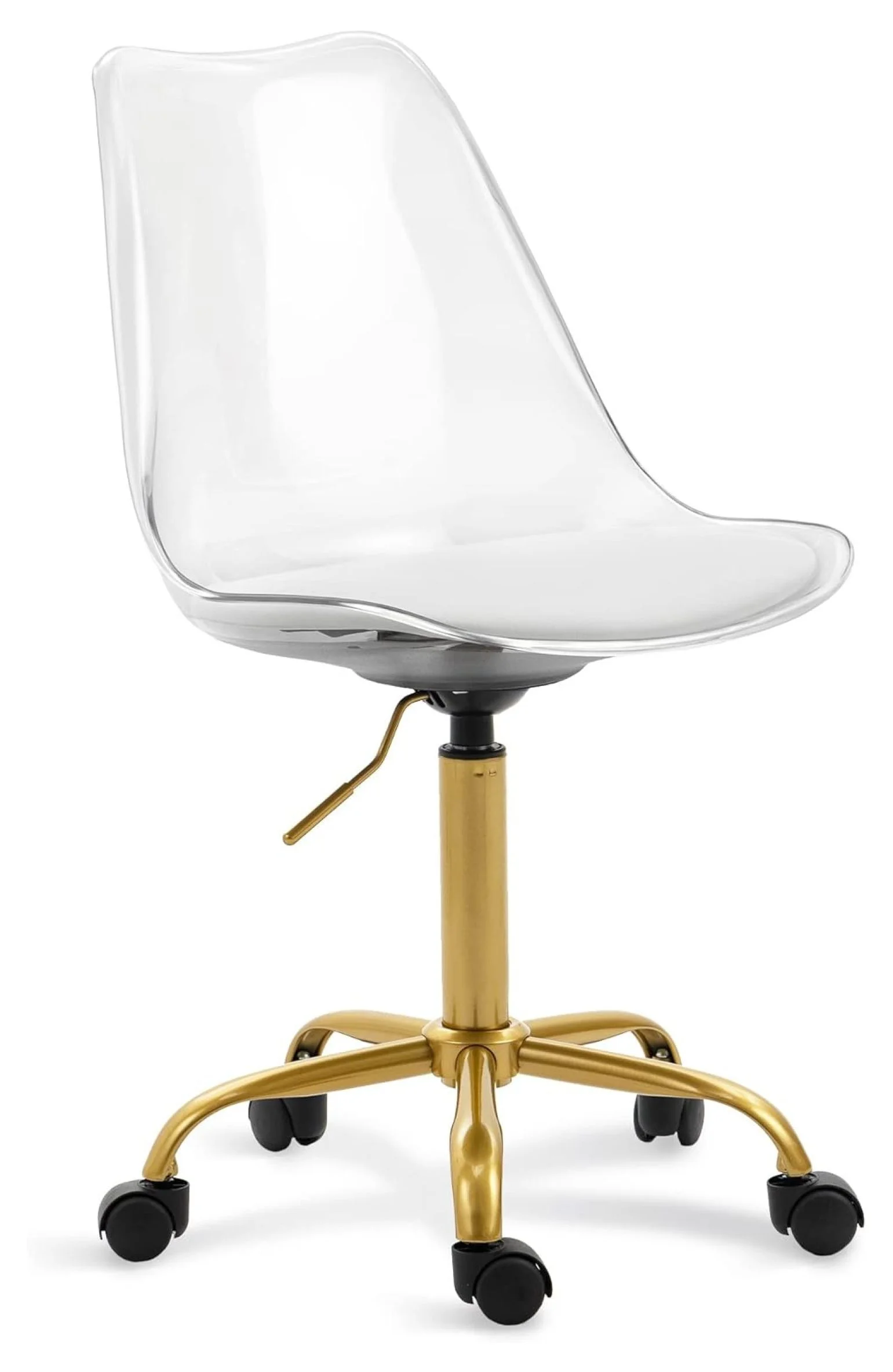 saney Clear Rolling Chair, Armless Desk Chair with Golden Feet Swivel Molded Plastic Shell Adjustable Home Office Chair with Wheels, Clear
