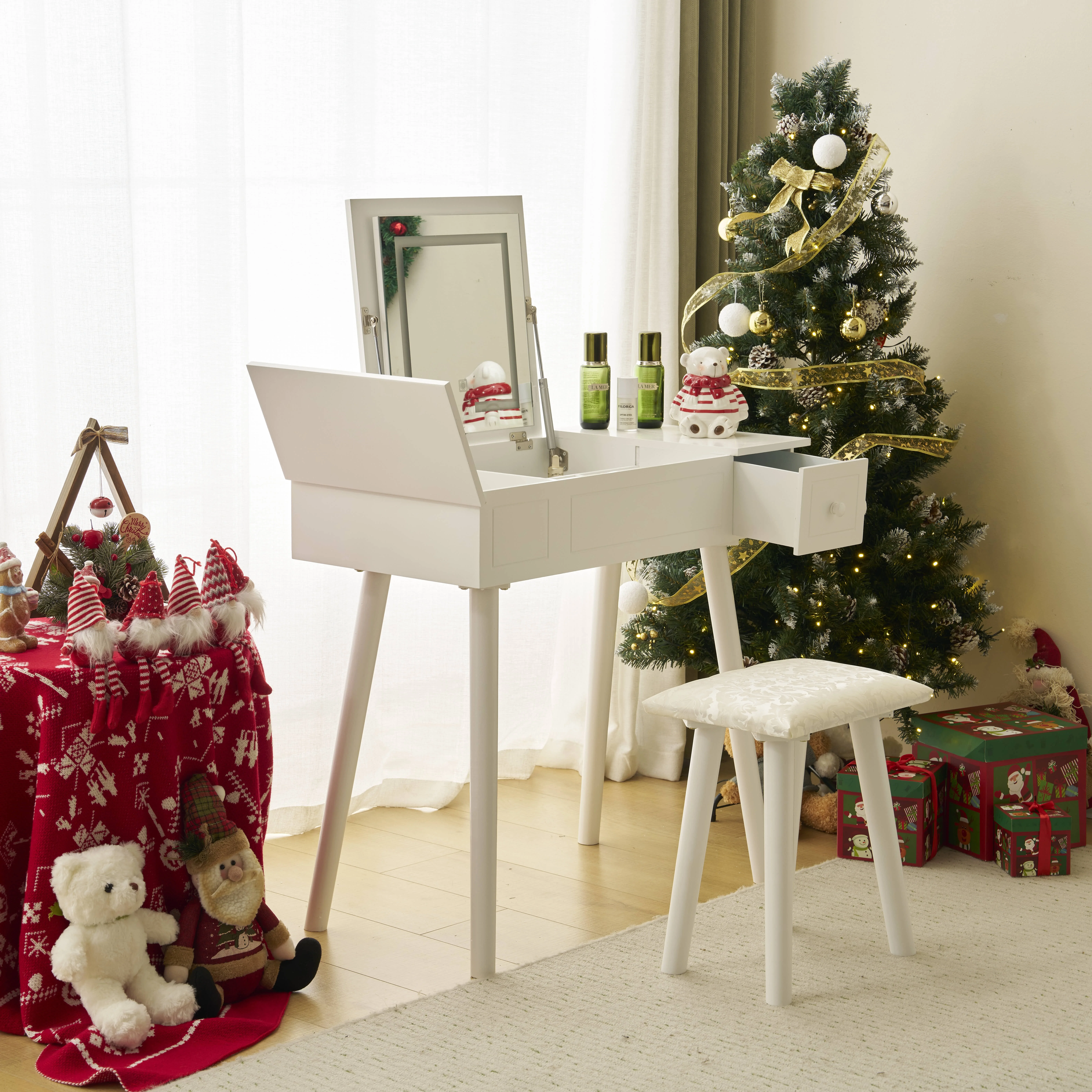Ktaxon Vanity Set,Flip-top Mirror Dressing Table Makeup Vanity Table Writing Desk with 2 Drawers and Stool, White