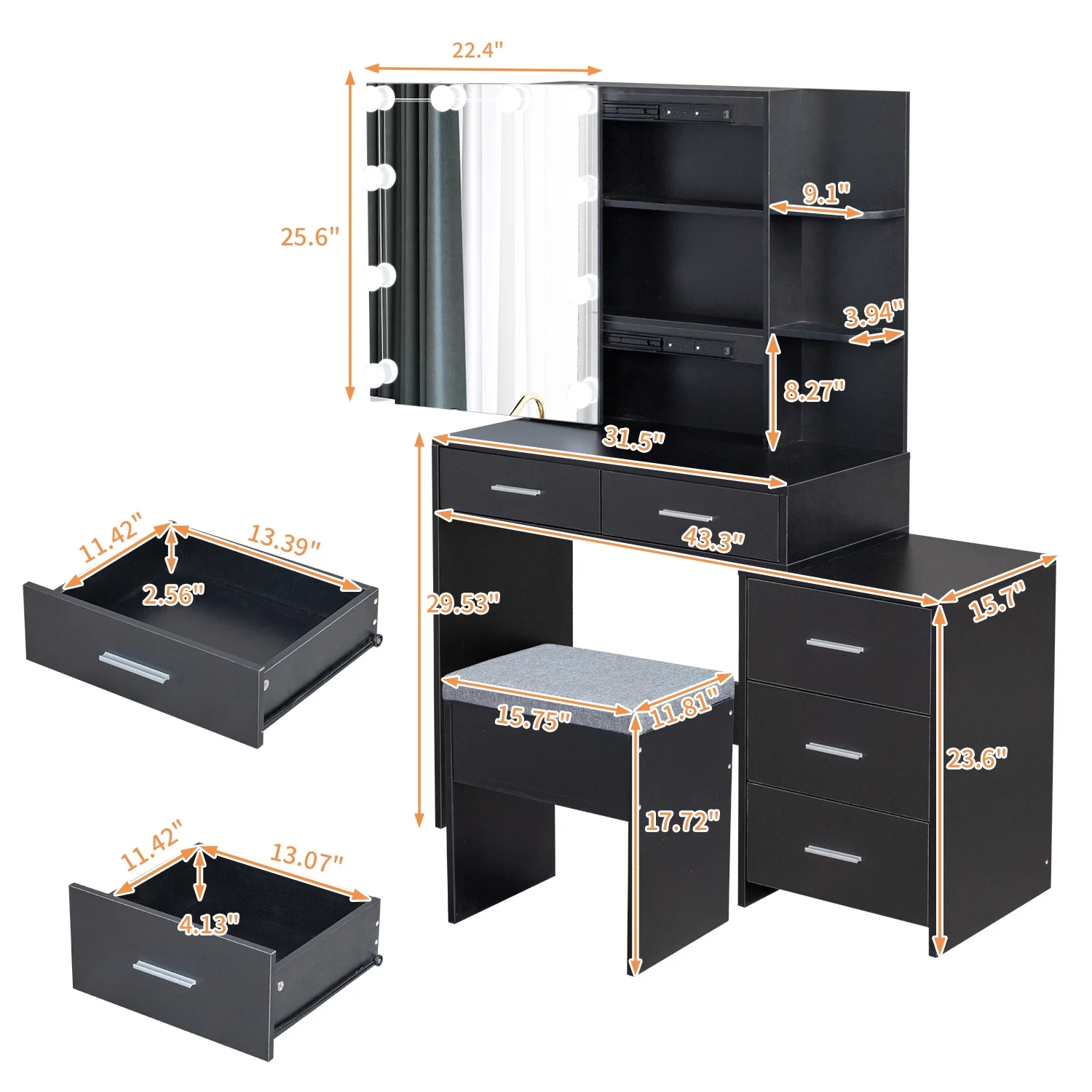 Makeup Vanity with Mirror Cabinet, Lighted Makeup Vanity Desk Set with 2 Shelves, 5 Drawers, 3-Color Light Adjustment, Dressing Table Set for Girl, Women, Princess
