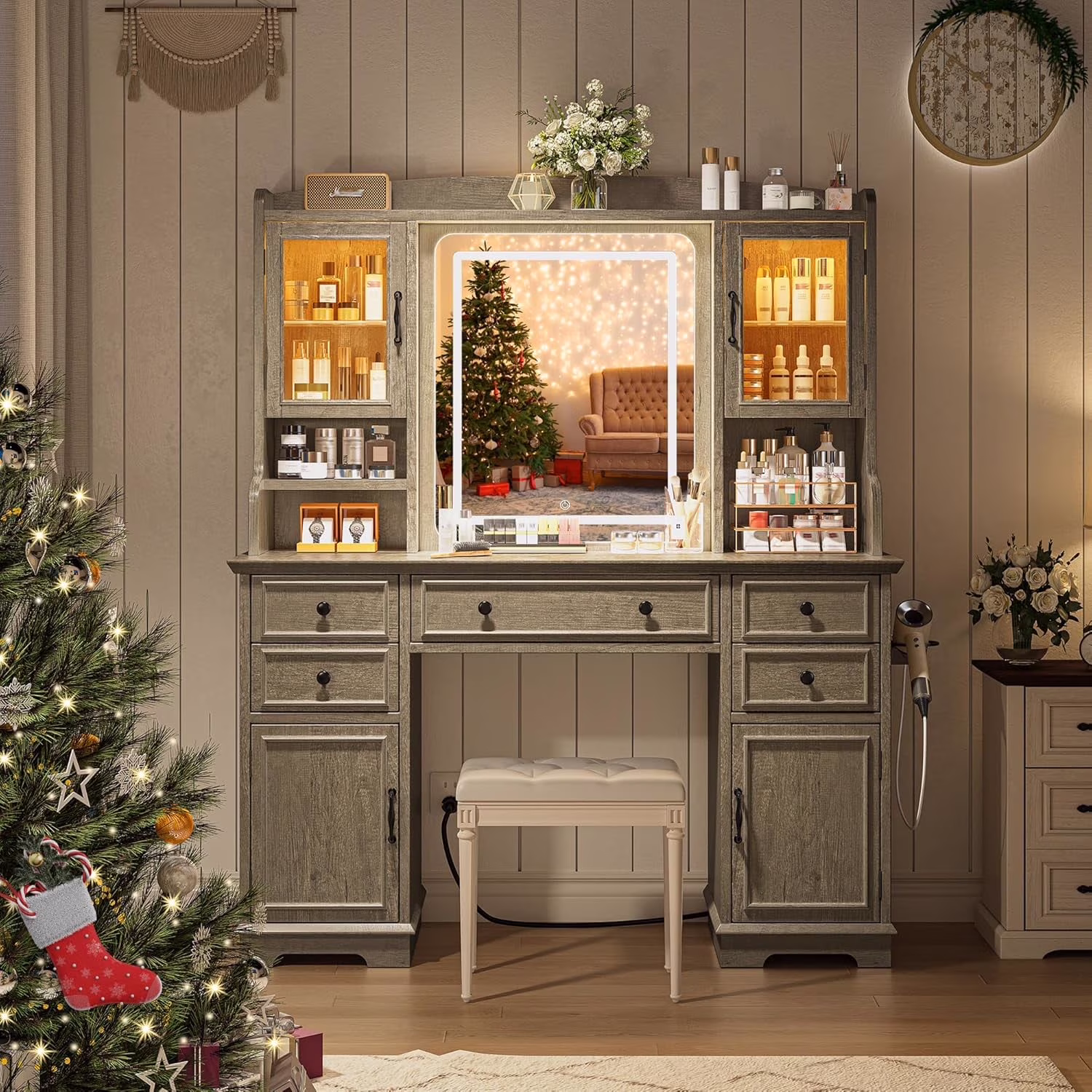 EnHomee Farmhouse Vanity Desk with Mirror and Lights White Vanity with Lighted Mirror Makeup Vanity Set with RGB Cabinets and Storage Drawers