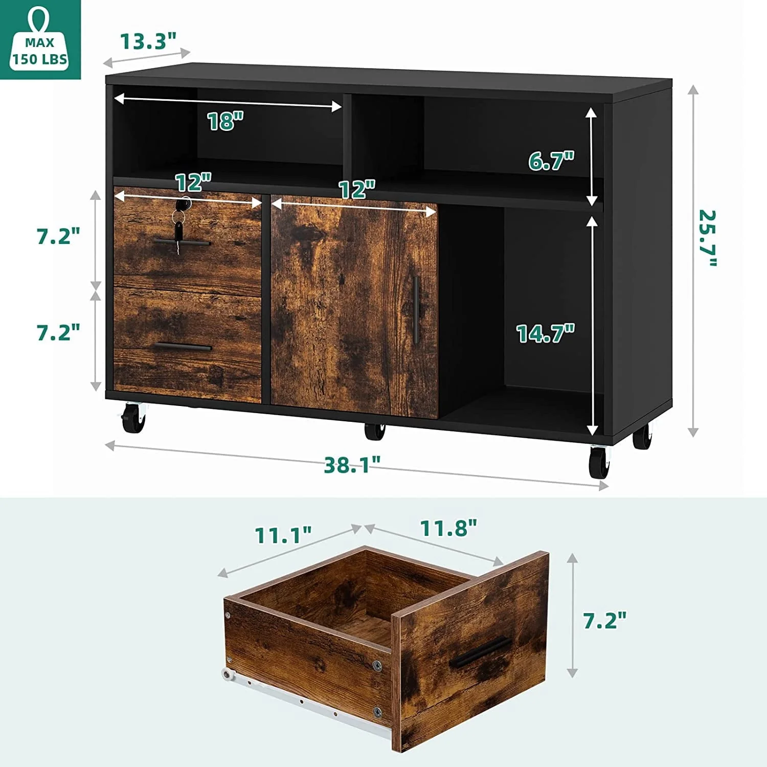 Dextrus Wood File Cabinet, 2 Drawer Mobile Lateral File Cabinet Printer Stand with Open Storage Shelves for Home Office, Black & Rustic Brown