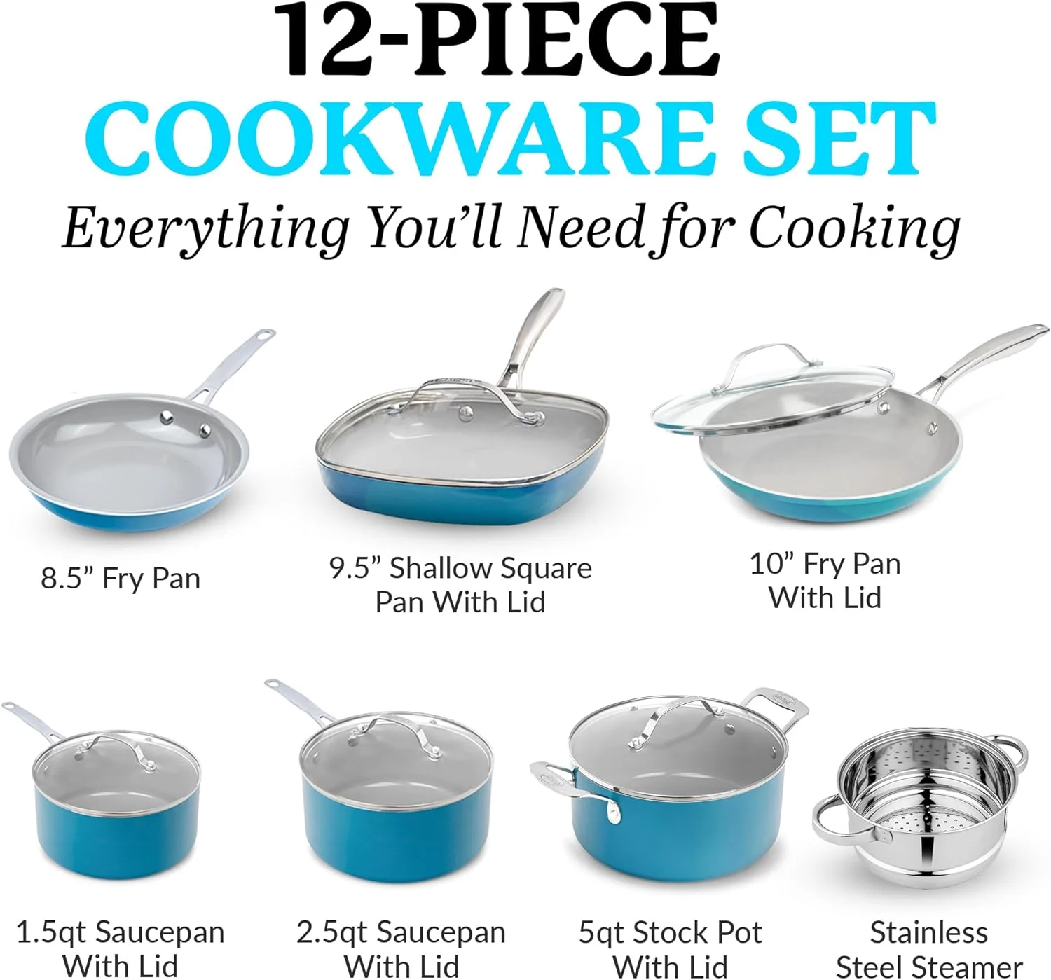 Gotham Steel 12 Pc Ceramic Cookware Set Nonstick, Pots and Pans Set Non Stick for Kitchen with Frying Pan, Sauce Pan, Pots and Pans for Cooking, Non Toxic Cookware Sets, Oven/Dishwasher Safe, Navy