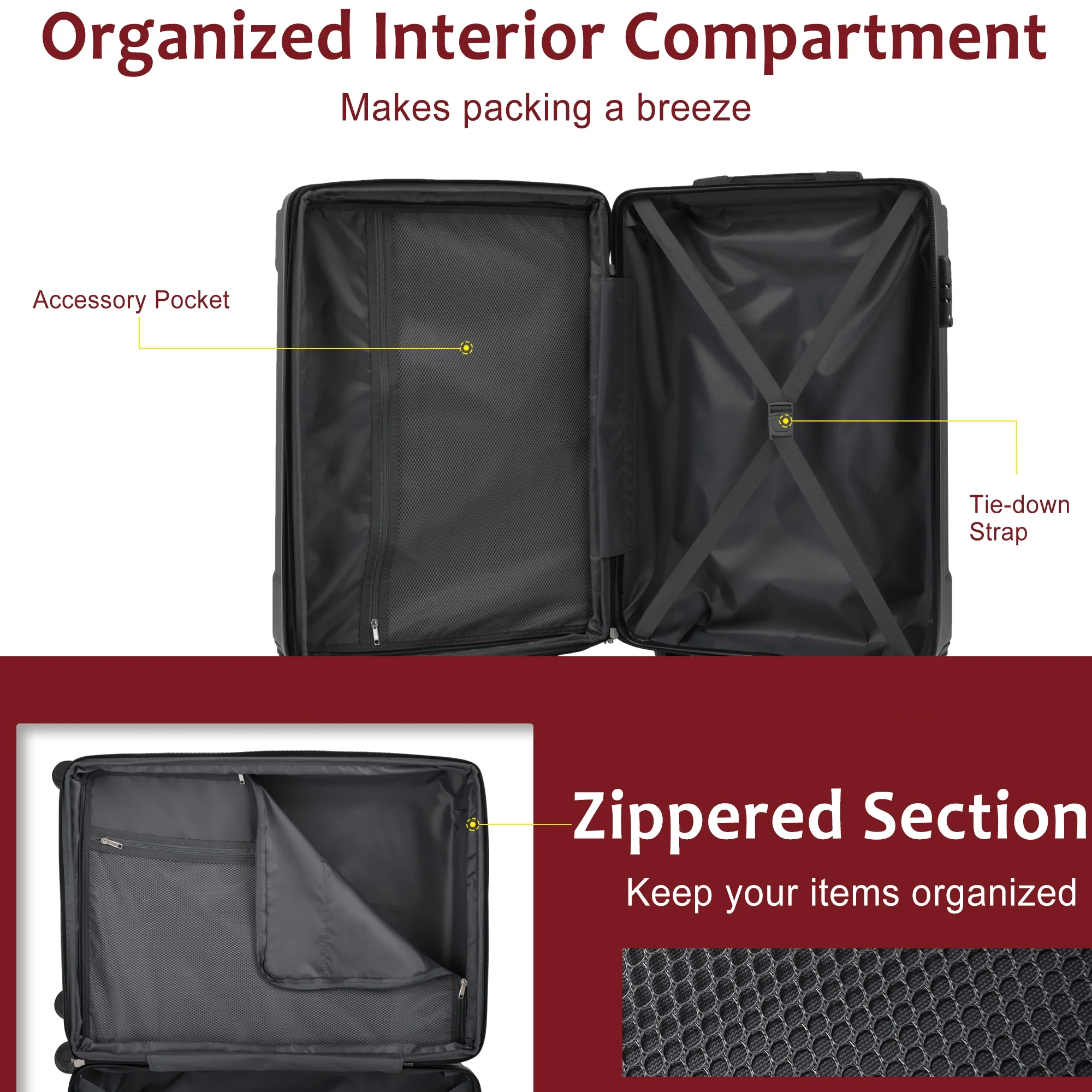 EUROCO 3 Piece Luggage Set, Expandable Hardshell Suitcase with TSA Lock and Double Spinner Wheels,ABS Lightweight Durable Travel luggage Set(20