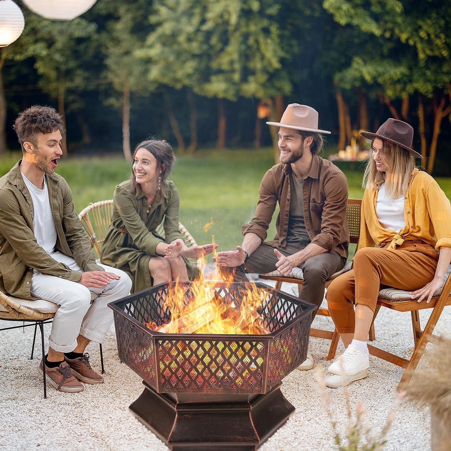 Arlopu 30'' Hex Shaped Steel Fire Pit for Outside, Wood Burning Fireplace Fire Bowl with Spark Screen & Fire Poker for Patio, Backyard, Camping