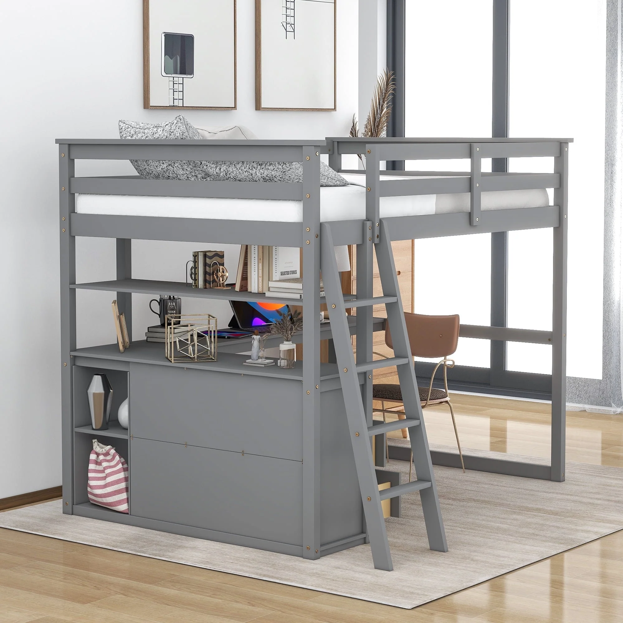 Euroco Full Size Wood Loft Bed with Desk, Shelves and Cabinets for Kids Room, Incline Ladder and 3 Drawers, Gray