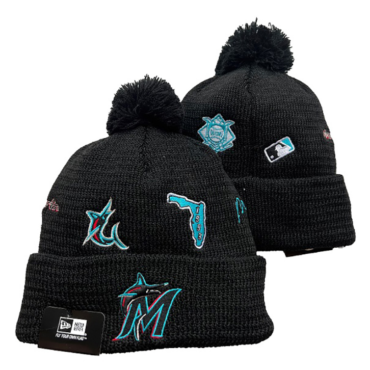 Miami Marlins New Era Black Cuffed Knit Hat with Pom