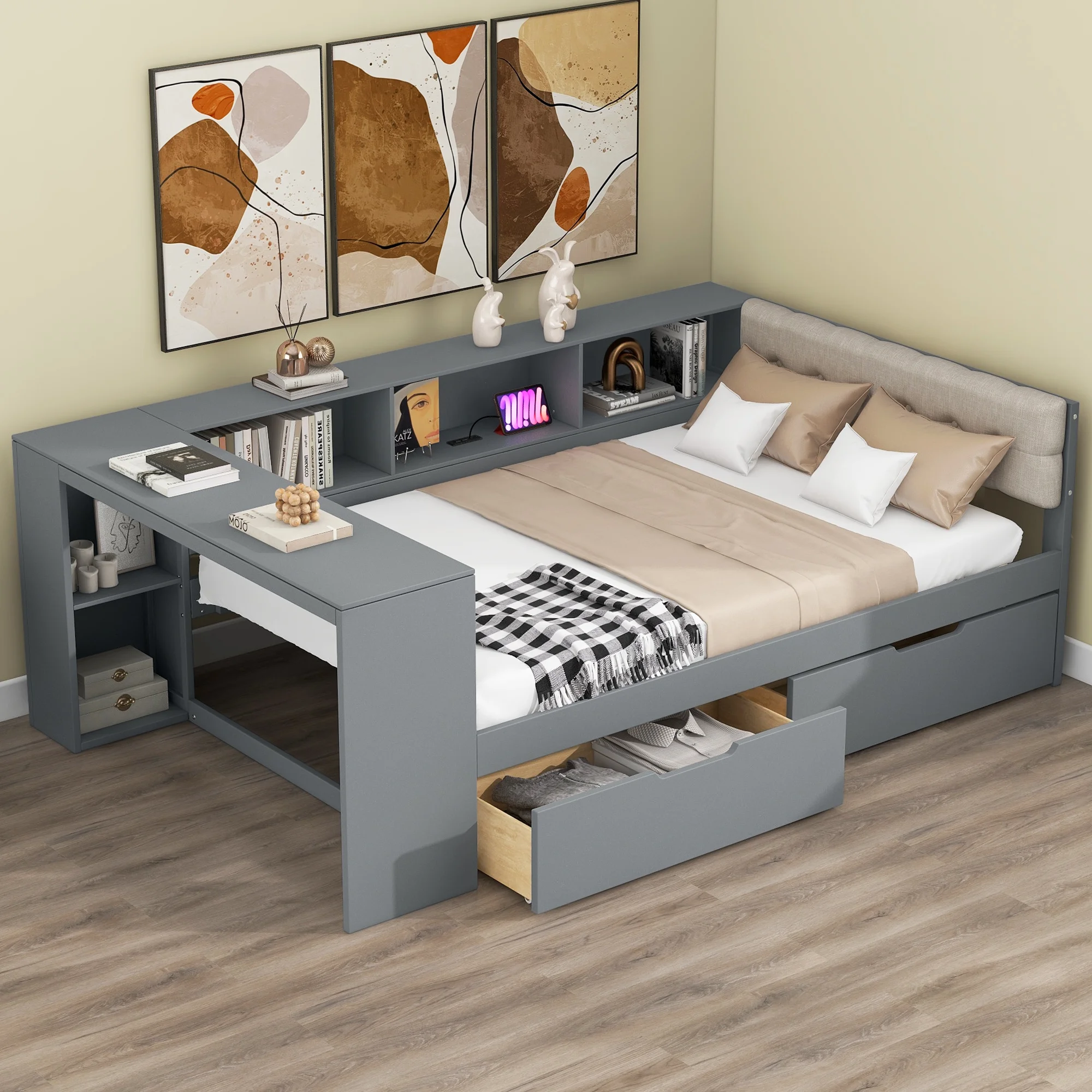 Euroco Wood Twin Size Platform Bed with Desk and Shelves, Drawers and USB Charging for Kids, Cream