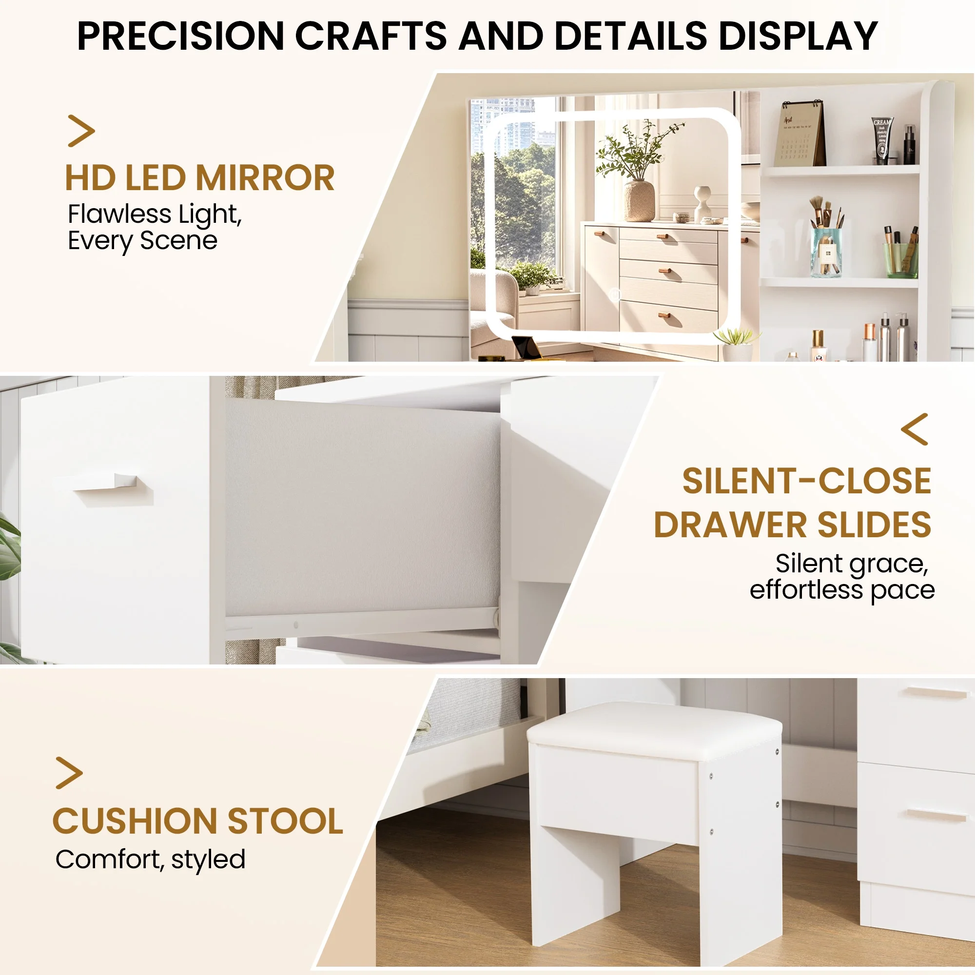 LIVELYGLOW Vanity Desk with Mirror and Lights, Makeup Vanity with Drawer & Storage Shelves, Cabinet, 3 Lighting Modes Adjustable Brightness,White