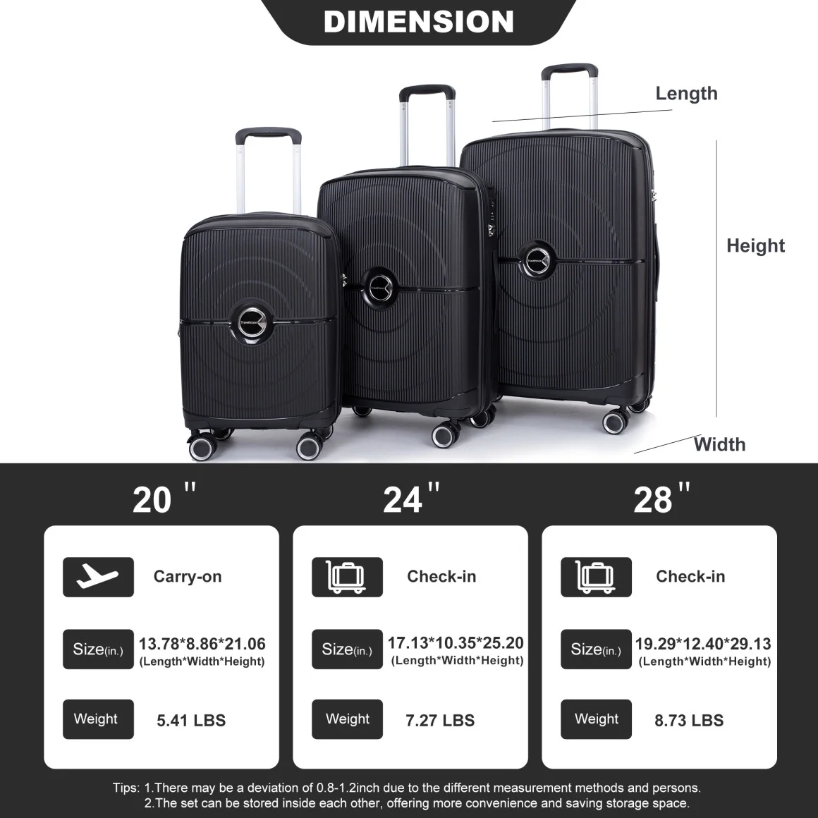 3 Pieces Luggage Set (20/24/28), Expandable PP Lightweight Hardshell Durable Suitcase with 4 Double 360 Degrees Mute Spinner Wheels and TSA Lock for Men Women, Black