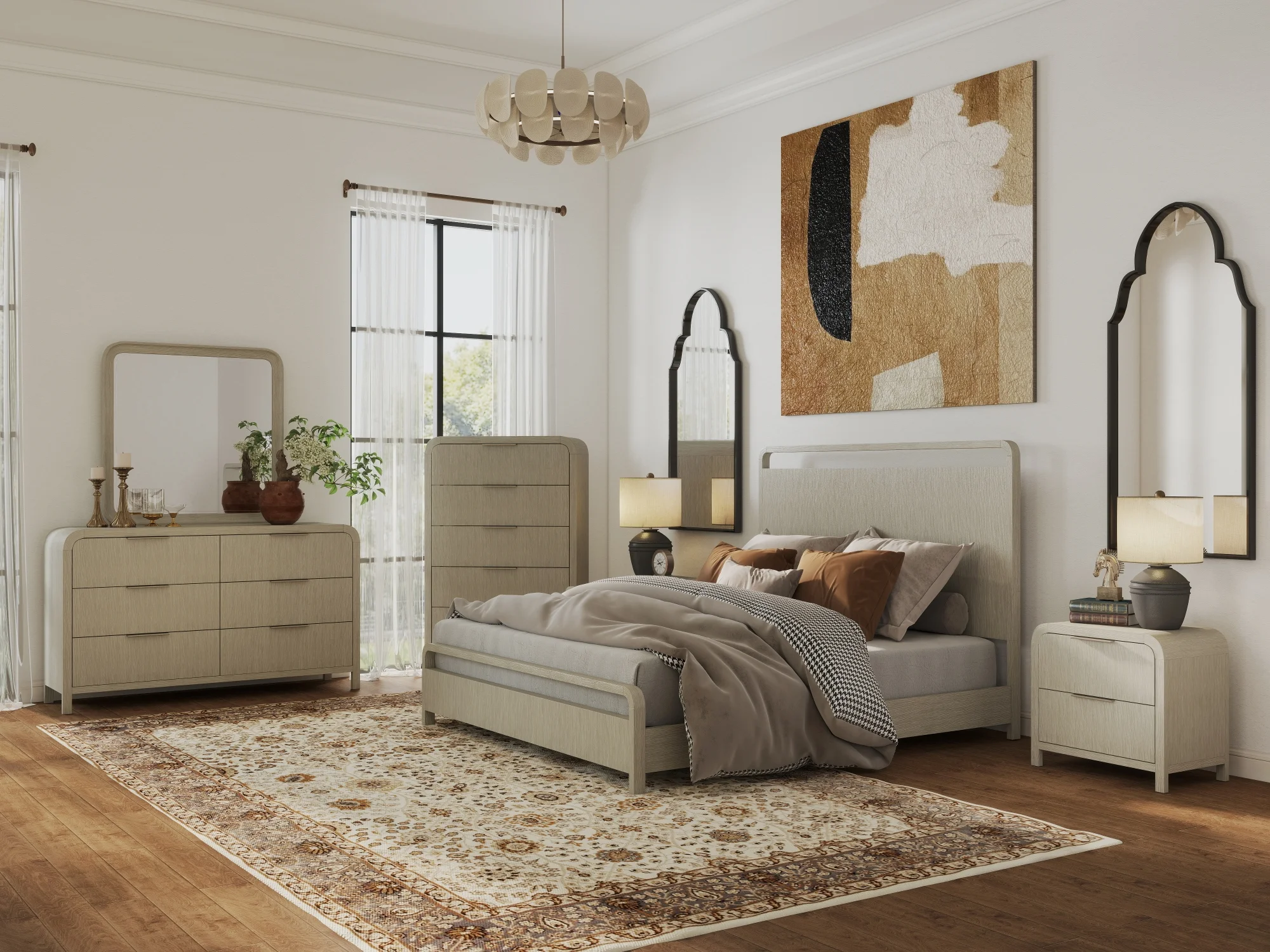 Roundhill Furniture Tavari 6-Piece Bedroom Set with Panel Bed, Dresser, Mirror, Two Nightstands, and Chest in Light Gray, King Size