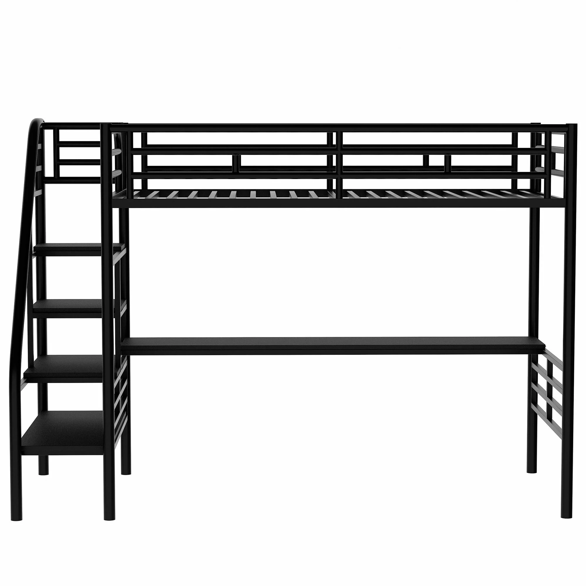 Euroco Metal Twin Size Loft Bed with Desk & Stairways for Child, Black