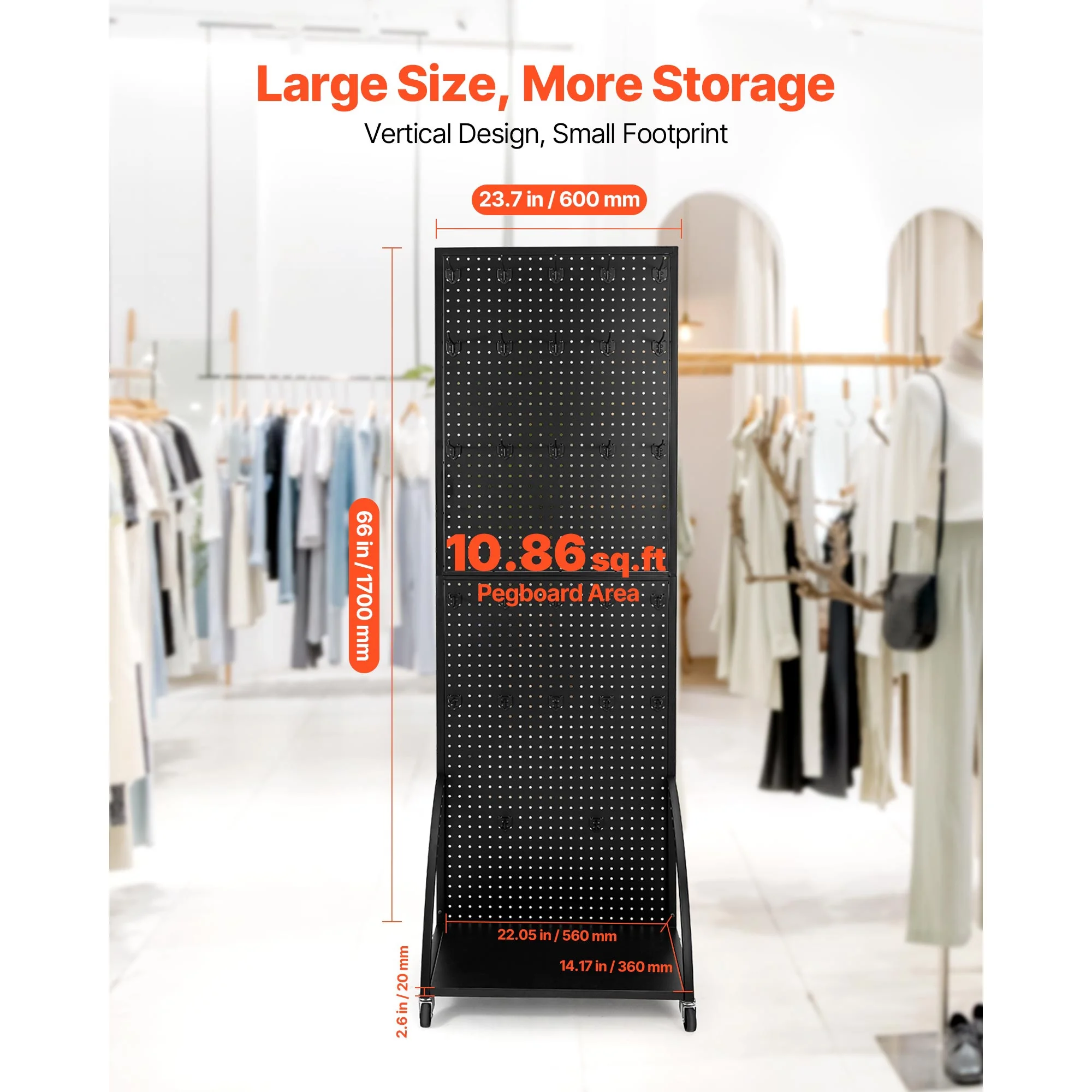 KFFKFF Standing Pegboard Display with Base Plate, 23.7 x 66 in Pegboard Stand with Wheels and 30 Hooks, Durable Steel Panel for Retail and Jewelry Shops, Black