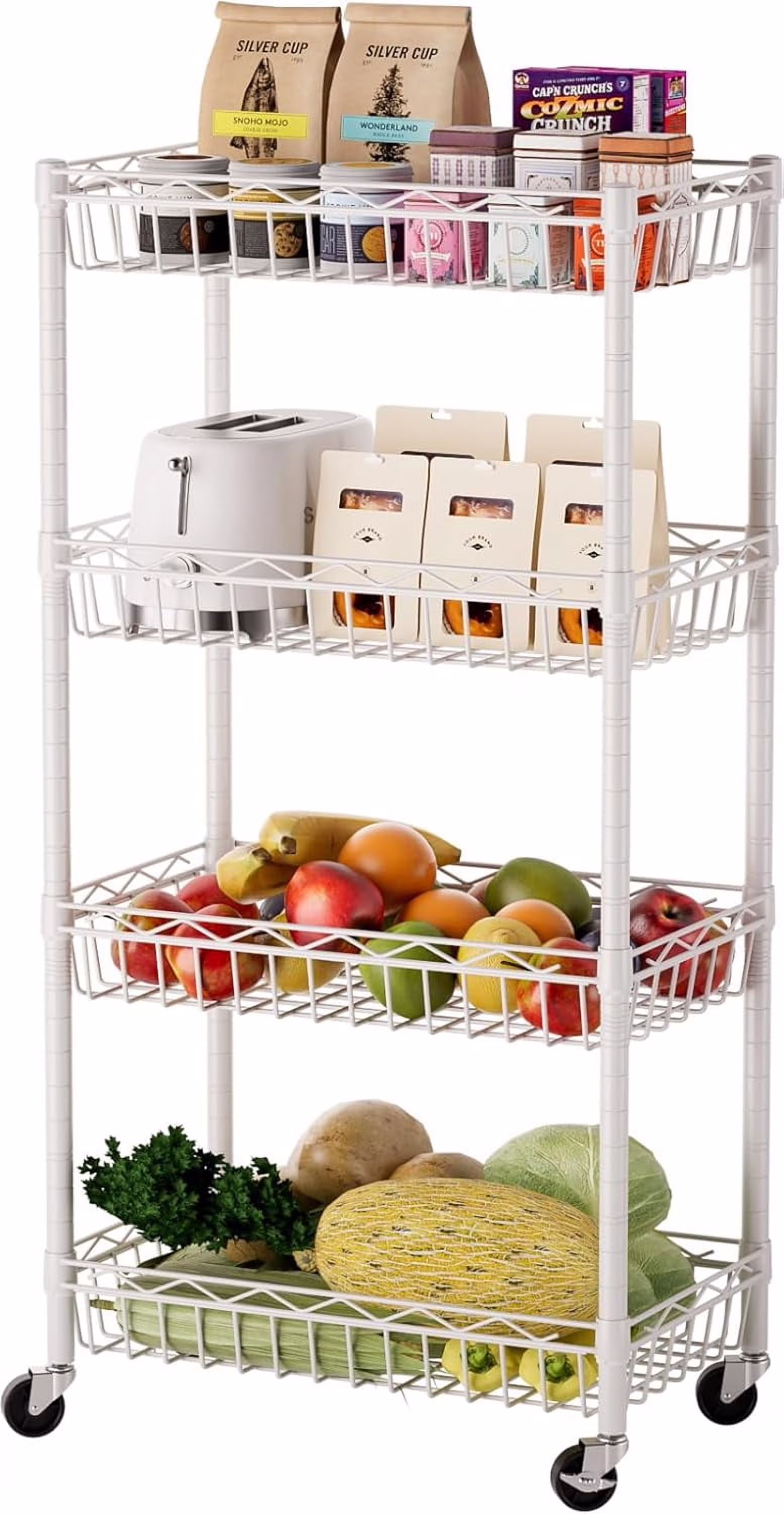6 Tier Wire Shelving Unit with Wheels Baskets Storage Rack Corner Shelves Adjustable Shelf Closet Bathroom Organizers Metal Pantry Kitchen Garage Laundry Room 13.5