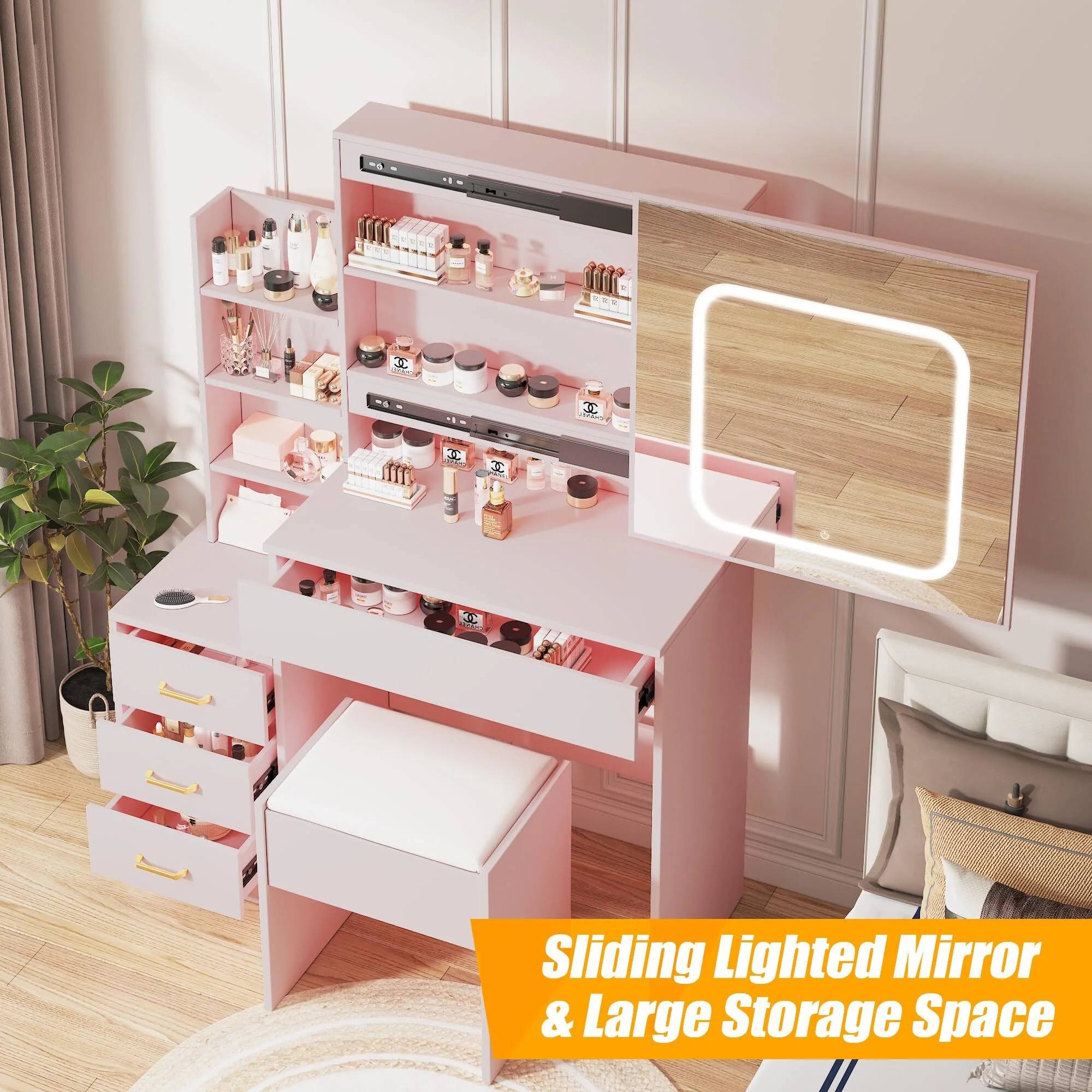 Vanity Desk with Sliding Mirror & Lights, Makeup Vanity Set with Charging Station 4 Drawers 7 Shelves, Large Vanity Set with Cushioned Stool for Bedroom, White