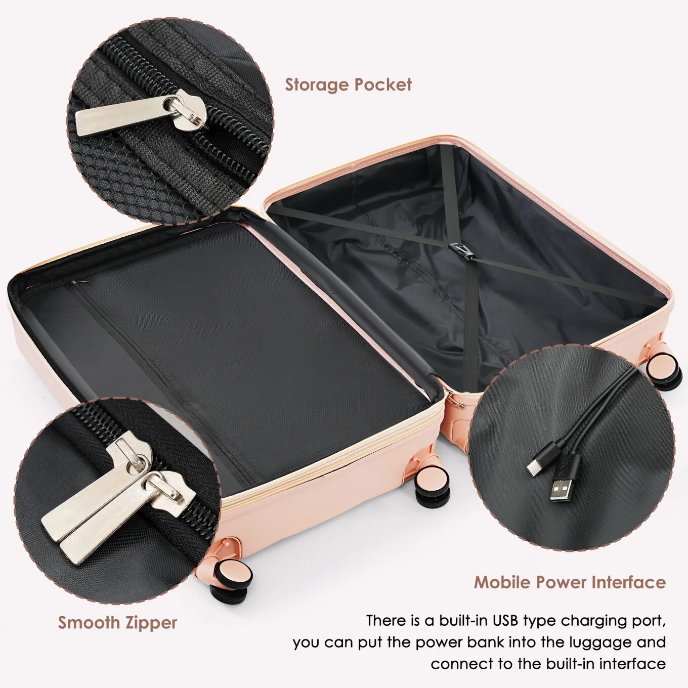 3 Piece Luggage Set , 20/24/28 inches Suitcase Set , ABS Hardshell Expandable Luggage Sets with TSA Lock,20-inch with USB Port, Carry On Luggage for Men Women, Pink