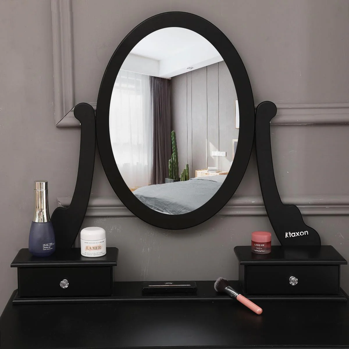 SamyoHome Oval Mirror Vanity Makeup Dressing Table and Stool Set Jewelry Desk with 5 Drawers, Black