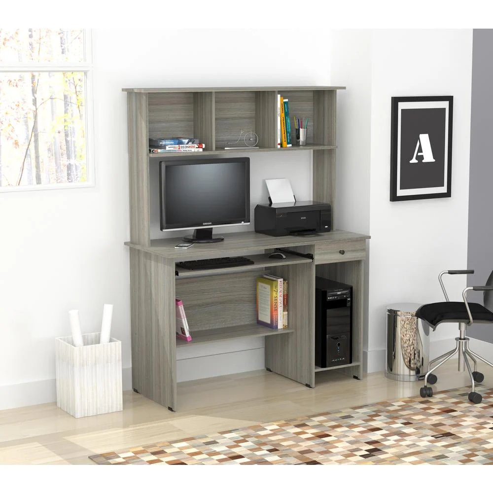Inval Traditional Laminate Computer Desk and Hutch with Storage in Gray