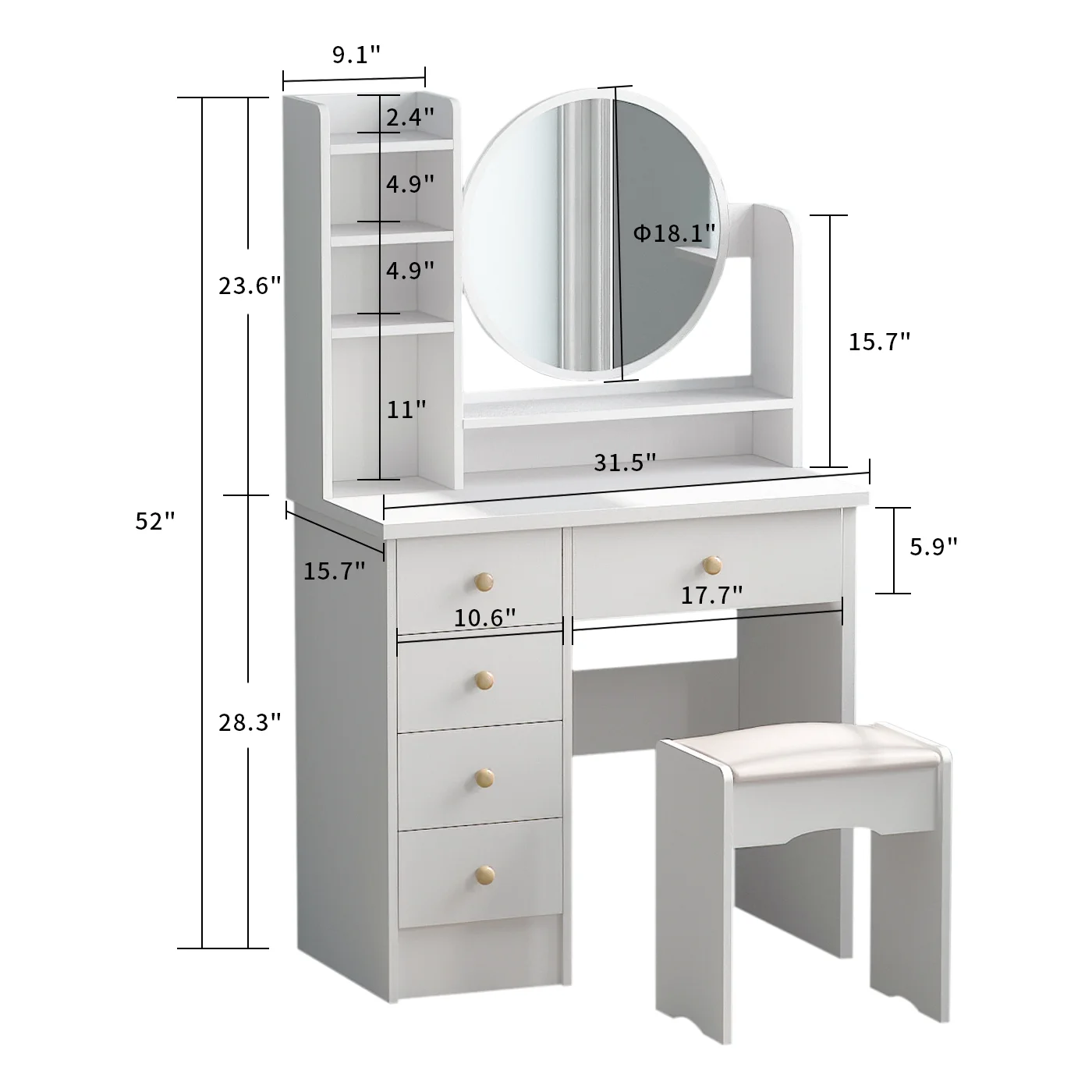 MONSLIPA Makeup Vanity Desk Set w/ Light, Sturdy Dressing Vanity Table with Bench, Shelves & Drawers