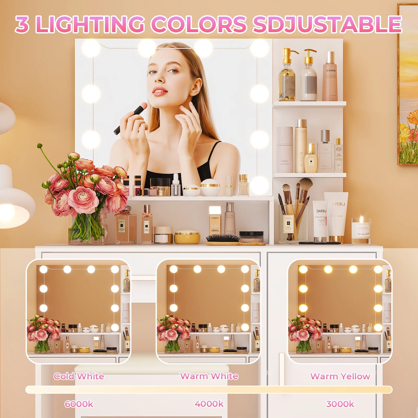 Ktaxon Vanity Set with 3 Color Lighted Mirror, Makeup Table with 3 Storage Shelves & Drawers, Dressing Table Makeup Desk with Stool,White