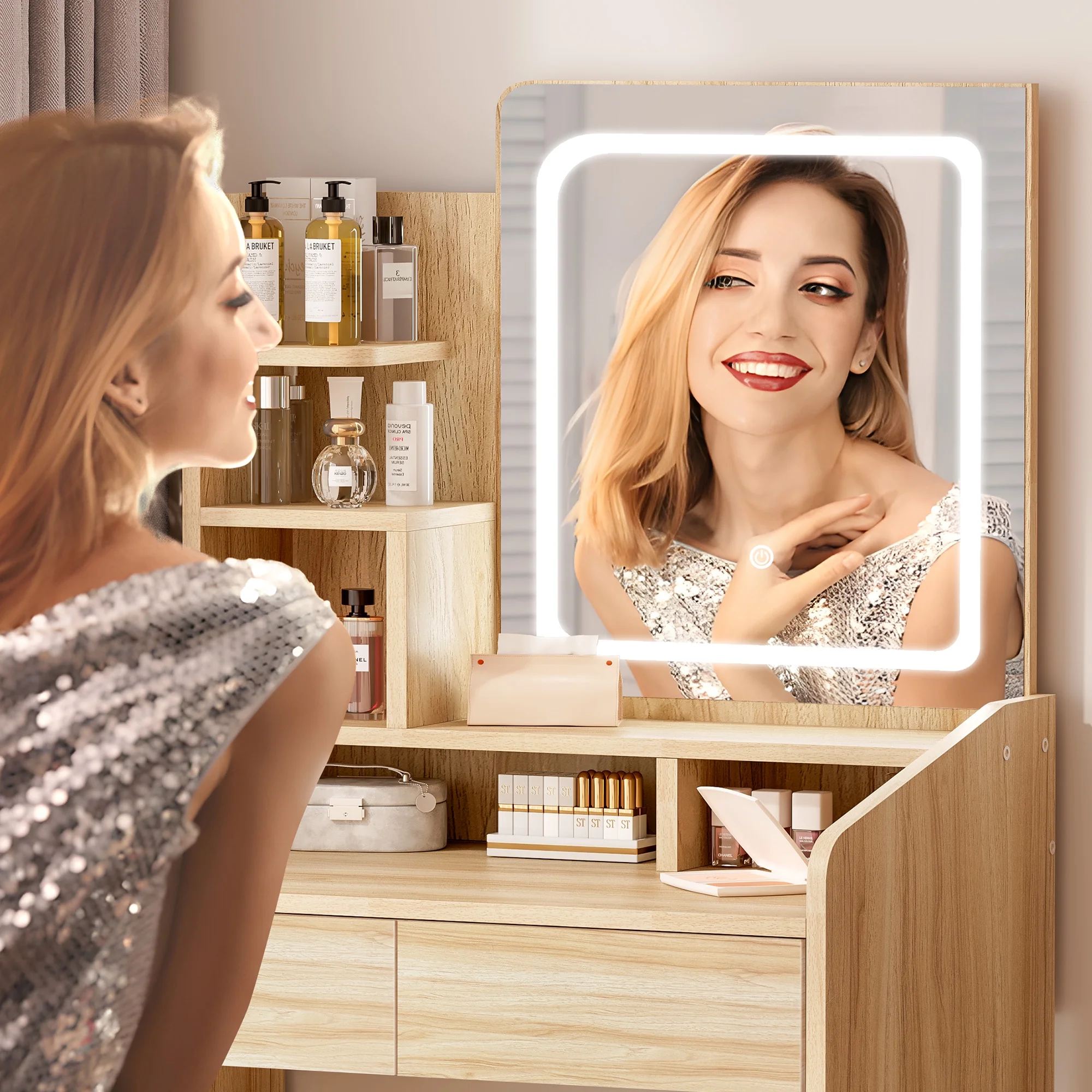 LIVELYGLOW Vanity Desk Set with Square Mirror and Light- Small Vanity Table with Drawers- White